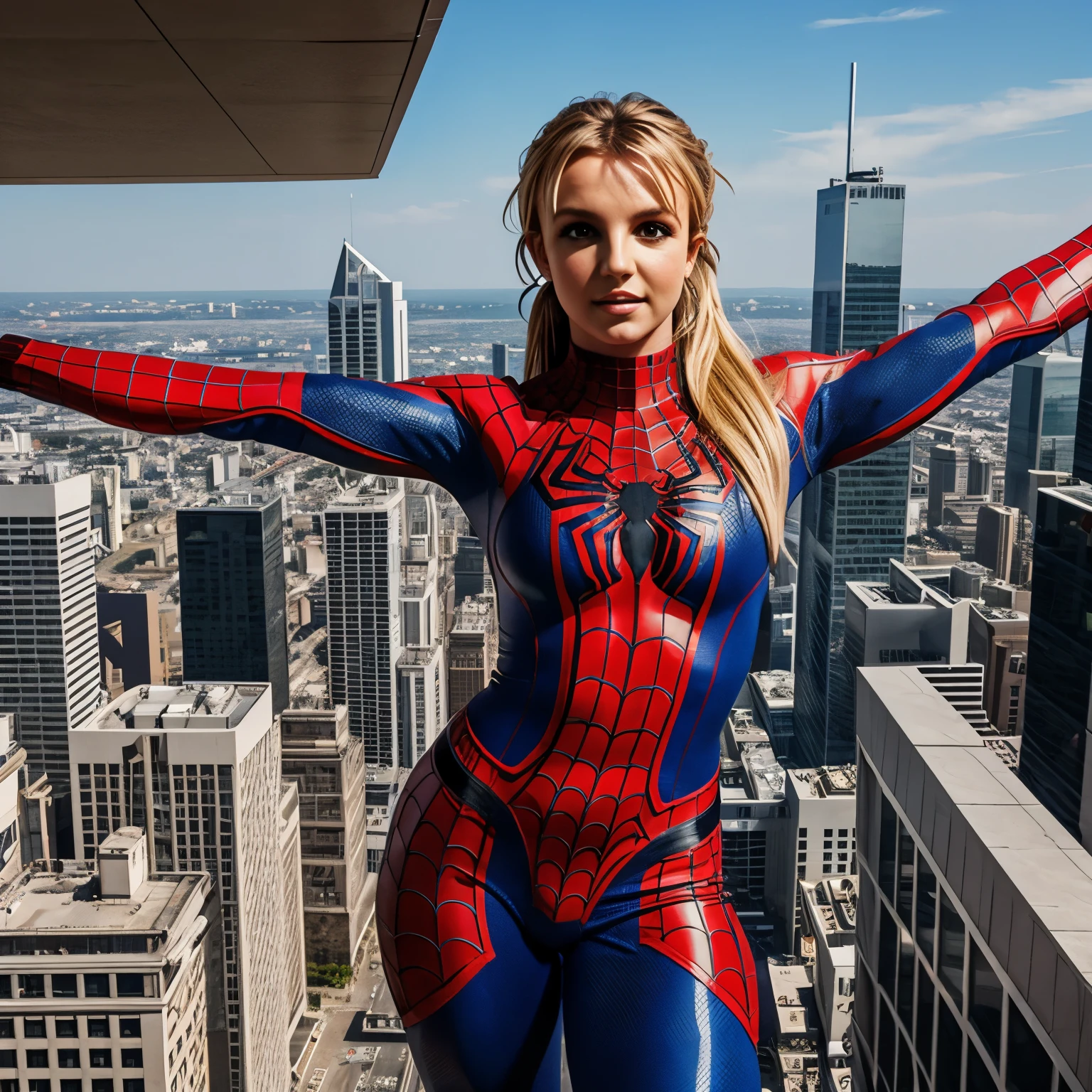 Britney Spears Spiderman outfit posing on a skyscraper outdoors, woman body, girl body,