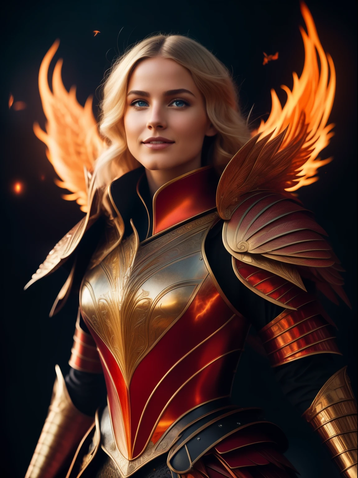 Highly detailed illustration of a photo realistic beautiful girl using a red armor made by bird Phoenix feathers, fire phoenix wings, Phoenix tail. Blonde, blue eyes, fire magic, armor in fire, golden ratio face, divine proportion, volcano landscape, full-body shot, playful body manipulations, rule of thirds:3, Masterful brushwork, Vibrant palette, Emotional depth, Dynamic composition, Rich textures, Timeless subject, Subtle lighting, Dramatic contrast, Artistic flair, Refined elegance, vibrant background, full motion effects, diagonal view, crystal particles glittering, non-Duchenne smile, back light, ultra sharp focus, vibrant color, Bioluminescence, high quality

