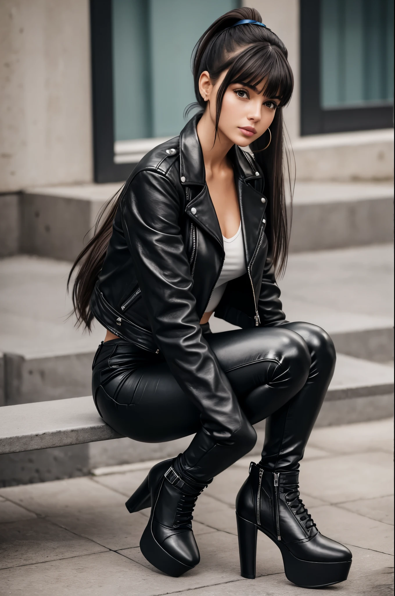 Realism, a 25 - year - old girl, dark hair, a ponytail on her head, bangs falling, face, beautiful hairstyle, light makeup, dressed in a leather jacket, dressed in leather pant, beautiful platform heeled shoes --ar 2:3 50 --style raw --s 2