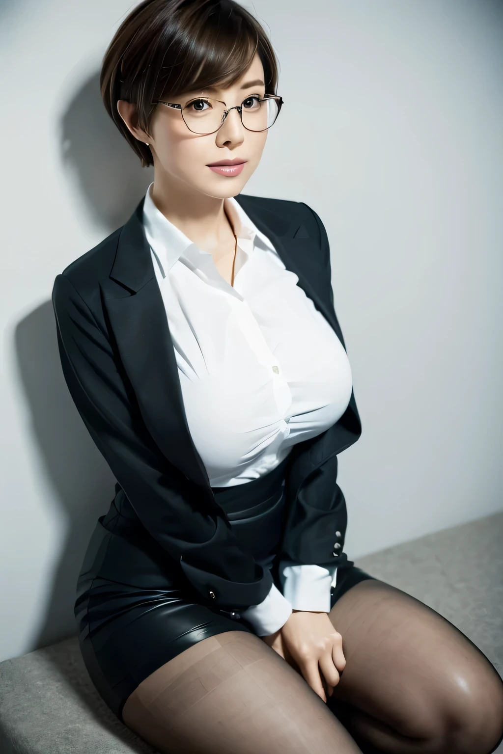 (highest quality,8K,masterpiece),anatomically correct,beautiful mature woman,
plain mature woman,Glasses,pixie cut,30 year old female,open your legs wide,
suit figure,black jacket,Tight Skirt,white shirt,black stockings,high heels,
big breasts,