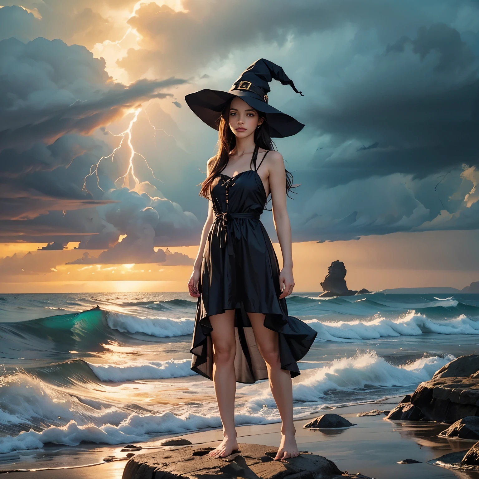 Uma linda garota bruxa com cabelos brancos brilhantemente brilhantes e olhos grisalhos, magra com seios muito pequenos, barefoot, wearing a wet, sleeveless gray dress that clings to her skin, sem cueca, nua por baixo de seu vestido, colar de prata, usando um witch's hat cinza, usando um witch's hat cinza, witch's hat, standing on a rock surrounded by the sea during a storm, ondas batendo em torno de suas pernas, casting spells, ondas enormes batendo, Mist, neblina, chuva, cabelo muito molhado, roupas muito molhadas, corpo muito molhado, pernas molhadas, tempestade, lightning, realistic hands, realistic feet, chamando lightning, cabelos eletrificados, posando dramaticamente