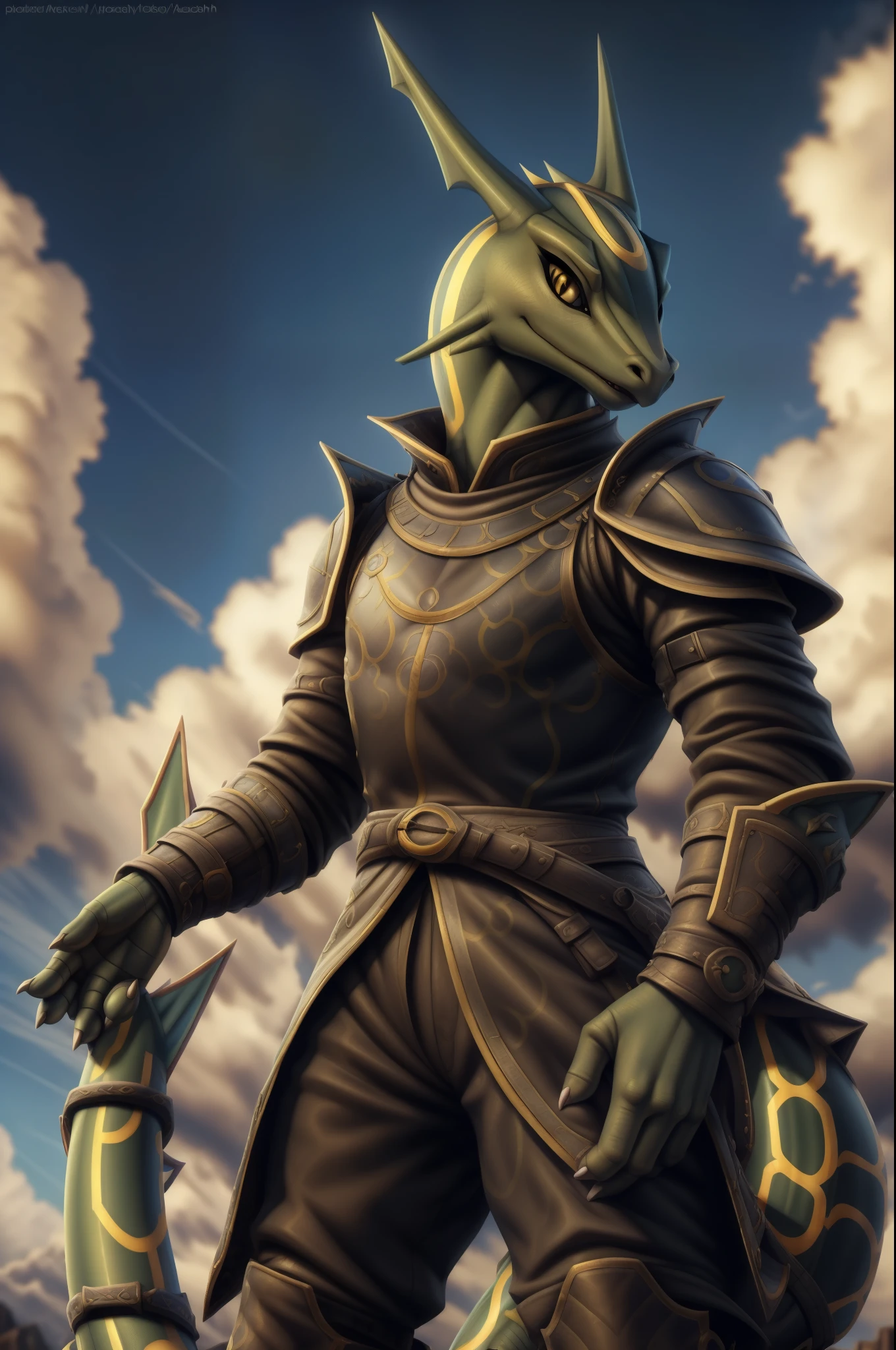 rayquaza, pokemon, yellow eyes, (posing:1.3), (soft shading), 4k, hi res, five fingers, detailed hands, ((detailed face, (detailed eyes:1.0), detailed)), by zackarry911, by zaush, (by personalami:0.5), clothed, black armor with yellow details, solo, sky background