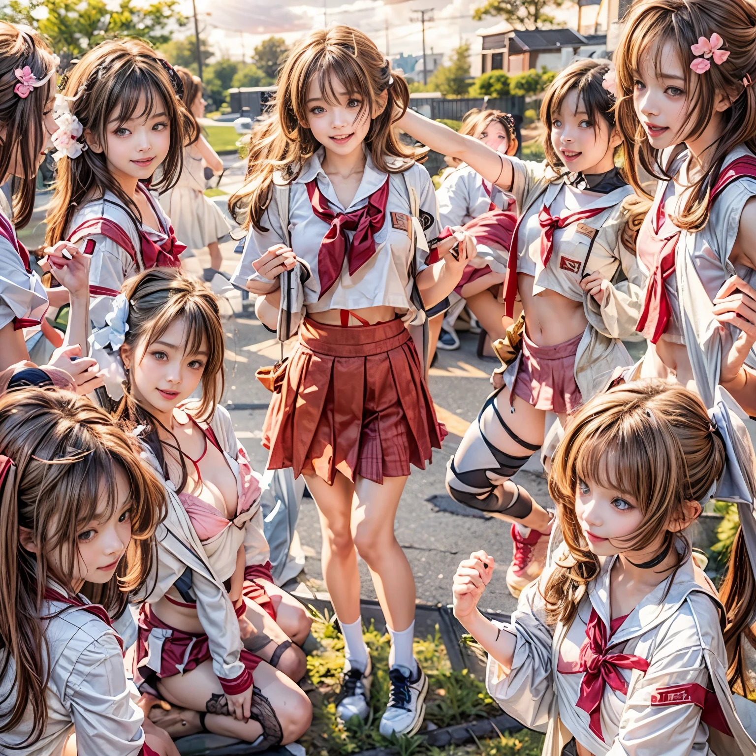 SFW, (White and Red, Ultra-detailed masterpiece:1.2), (nipple:-0.99), (Acutance:0.8, bokeH), (many sexy junior idols in group photograph), (((Extremely Detailed KAWAII face variations), joyful expression variations)), { Open Gigantic Cleavage and Navel | pretty Ass | Overflowing Underboob | (((loose opened white SchoolUniform with visible underboob without bra))) | full of Flowers covering girl's body | (Colorful Light shines and reflects:1.2) }. (((Ultrealistic and photorealistic:1.37)) with a touch of rawness). { under the mesmerizing back lighting | concept art | enhancing the overall visual impact | Dynamic-angle }. (not Detailed fingers:-0.9) . (The background is only sun setting Sky with Red-dyed clouds from below without artifacts:1.3), { Twilight | Magic hour | Sun setting } .