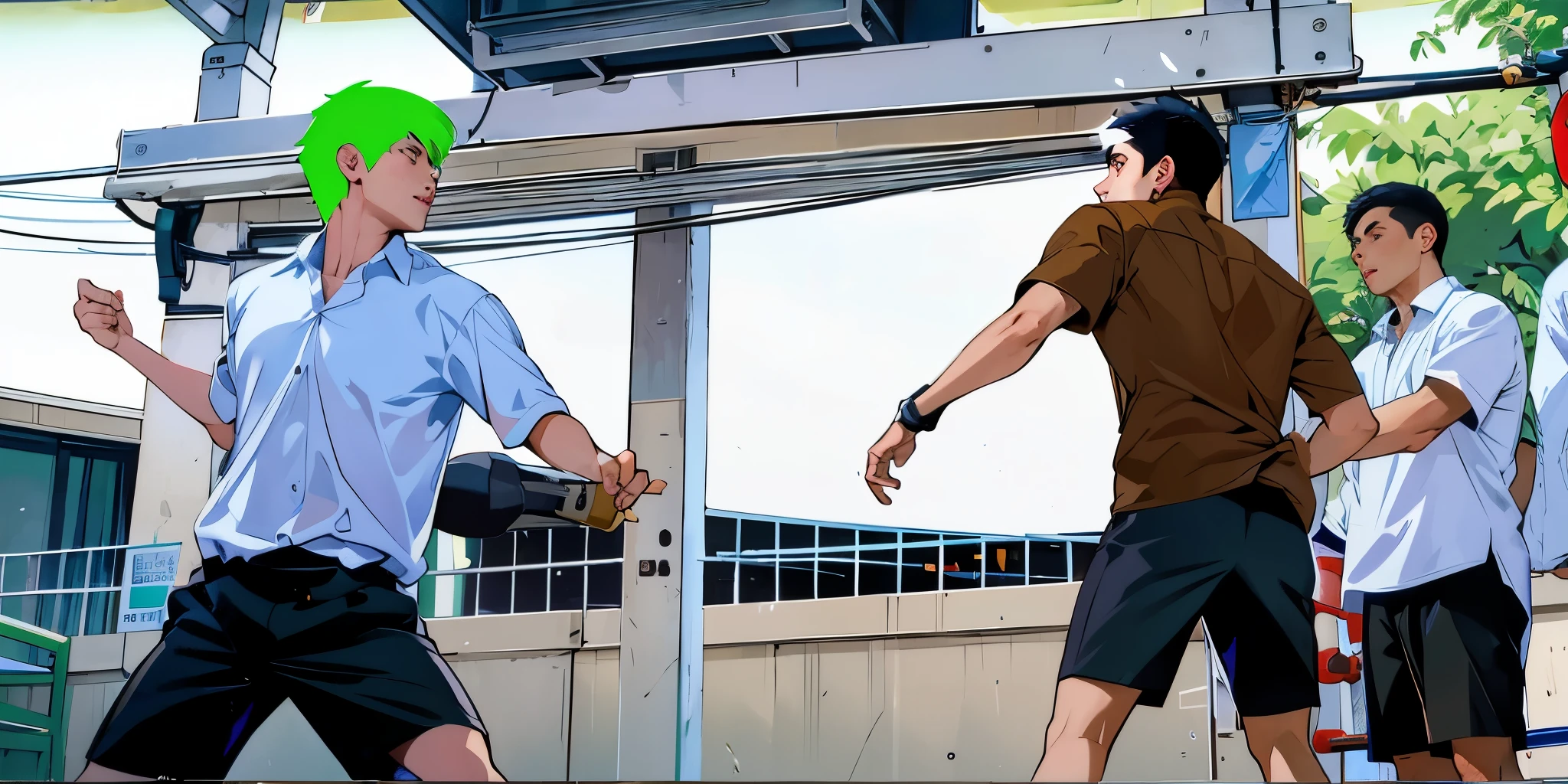 There are two young men at school about to fight, throwing punches at each other.