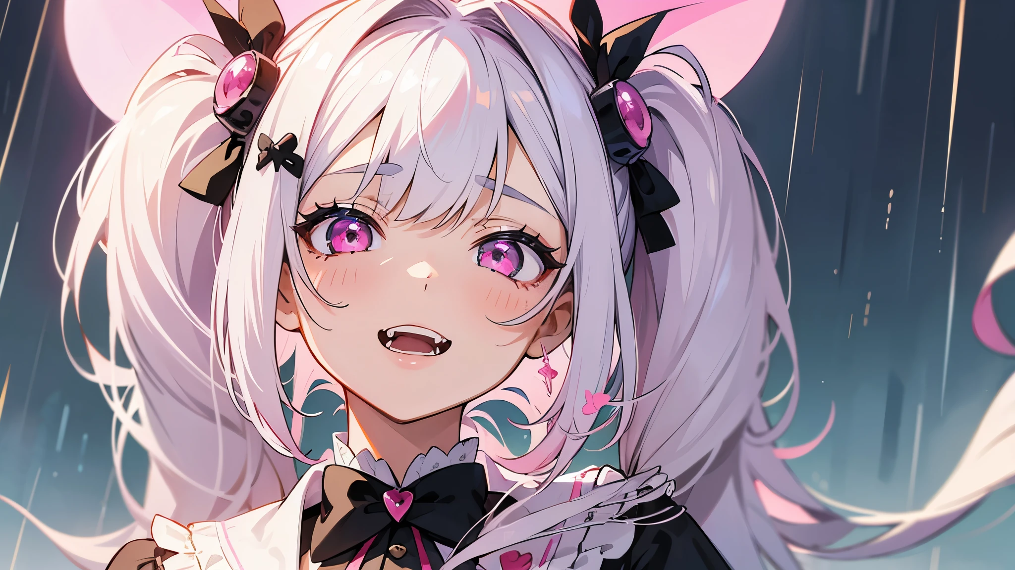 one girl, very beautiful face, beautiful eyes, detailed eyes, detailed face, detailed hair, masterpiece, anime girl, pink eyes, silver hair, , kawaii, two pony tails, hair pins, hair accessories, very young, big , pixiv, illustration, very high quality, masterpiece, vampire teeth, fangs, pink cheeks, looks at you, yandere, in the park, outside, raining, rain weather, park