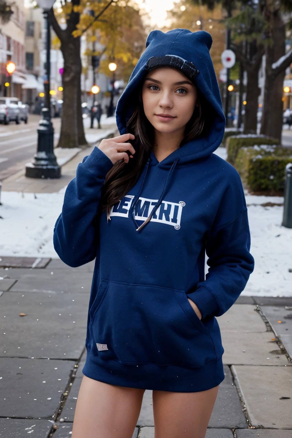 Photo of Jenna Ortega in a hoodie, pleated_skirt, exposed_genitalia, alone, blue eyes, reverse bob haircut, hyper detailed, Looking at Viewer, Hourglass Body, muscular, cozy atmosphere, classroom, photography, Photo Session, Captured by Panavision Panaflex Platinum Camera with Panavision Primo Primes Spherical Lens 50mm T1.9