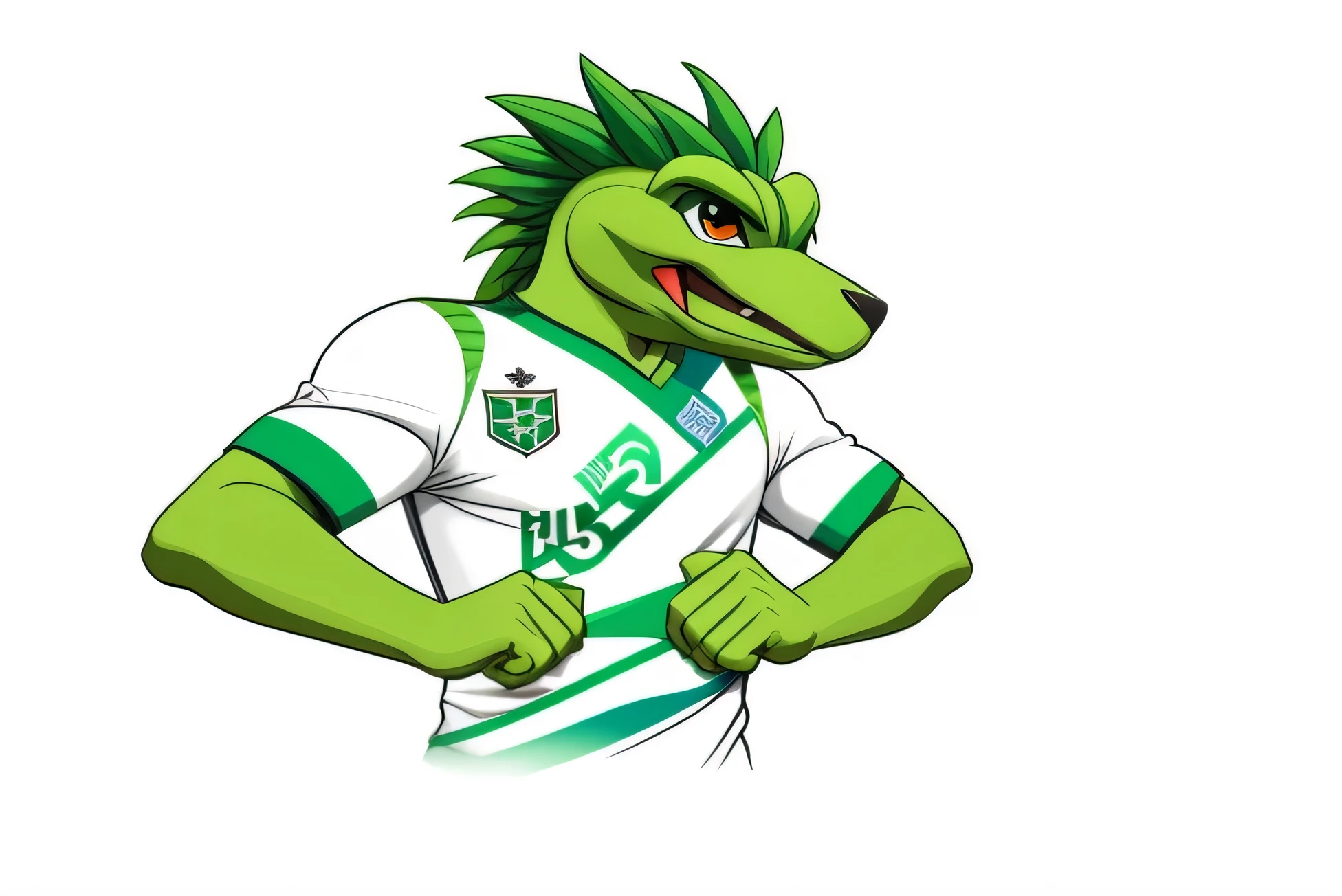 a Dragão Verde mascot with a soccer jersey on, Lagarto, pessoas lagarto, Lagarto art, Dragão Verde, inspirado em Juraj Julije Klović, Crocodilo Loki, inspirado em Jan Karpíšek, inspirado em Slobodan Pejić, inspirado em Edo Murtić, inspirado em Hermann Rüdisühli