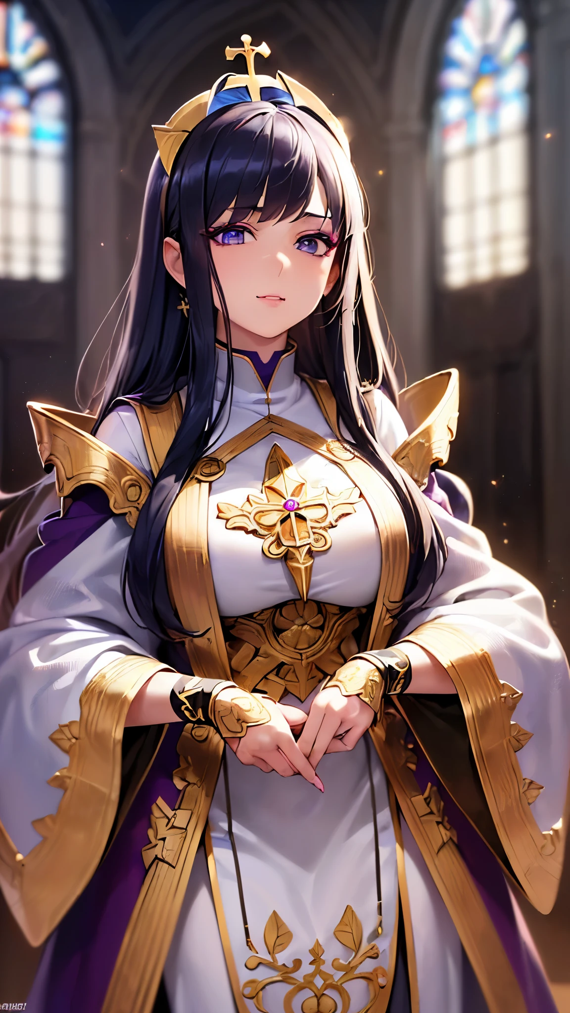 a beautiful woman with straight black hair and cold gaze, pale skin, queen of Unam, the "queen of winter", sitting on her throne with a shining crown, surrounded by her advisors in the royal hall, with guards lined up, detailed, long take, static and symmetrical framing, grainy filter, noise filter, low and closed angle, close up, indirect and diffuse lighting, nostalgic ambiance, fairy tale movie scene