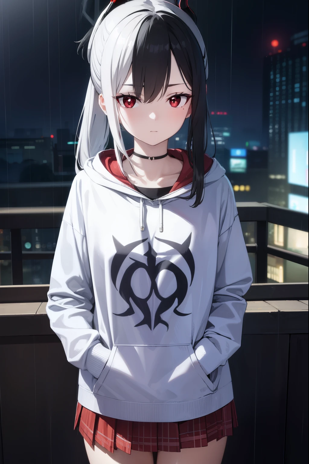 kayokoonikata, kayoko onikata, black hair, demon horns, hair between eyes, halo, horns, long hair, low wings, mole, mole on collarbone, multicolored hair, ponytail, (red eyes:1.5), single wing, two-tone hair, white hair, wings,
BREAK black hoodie, choker, hood, hoodie, pleated skirt, skirt, red skirt,
BREAK outdoors, city, sky, raining,
BREAK looking at viewer, (cowboy shot:1.5),
BREAK (masterpiece:1.2), best quality, high resolution, unity 8k wallpaper, (illustration:0.8), (beautiful detailed eyes:1.6), extremely detailed face, perfect lighting, extremely detailed CG, (perfect hands, perfect anatomy),