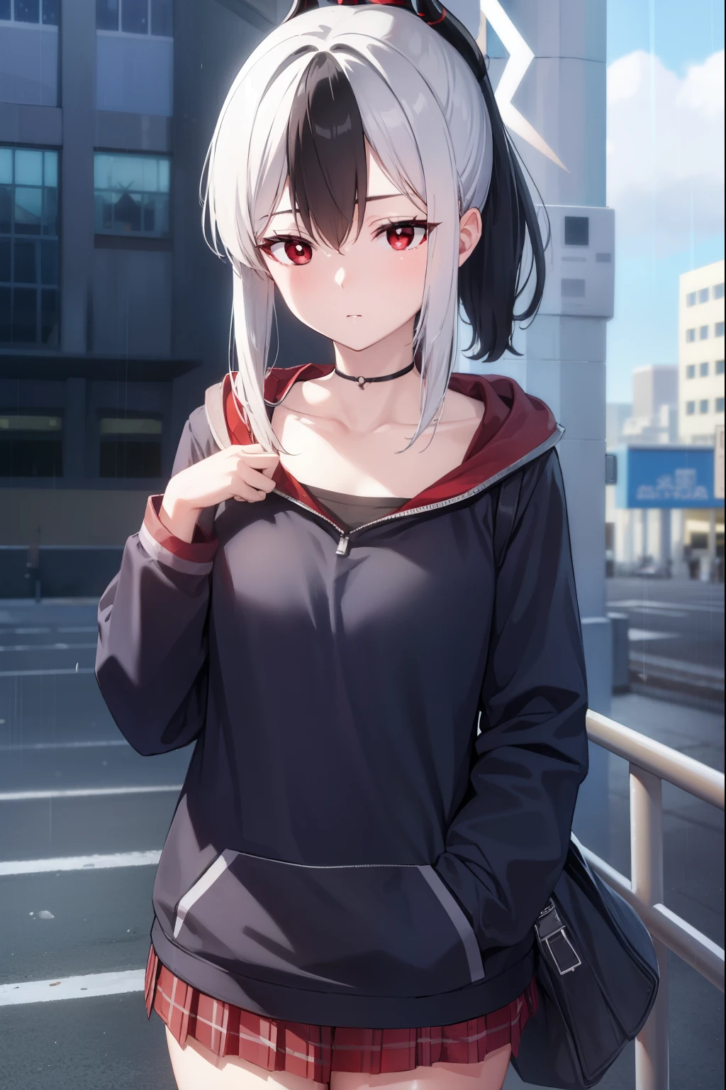 kayokoonikata, kayoko onikata, black hair, demon horns, hair between eyes, halo, horns, long hair, low wings, mole, mole on collarbone, multicolored hair, ponytail, (red eyes:1.5), single wing, two-tone hair, white hair, wings,
BREAK black hoodie, choker, hood, hoodie, pleated skirt, skirt, red skirt,
BREAK outdoors, city, sky, raining,
BREAK looking at viewer, (cowboy shot:1.5),
BREAK (masterpiece:1.2), best quality, high resolution, unity 8k wallpaper, (illustration:0.8), (beautiful detailed eyes:1.6), extremely detailed face, perfect lighting, extremely detailed CG, (perfect hands, perfect anatomy),