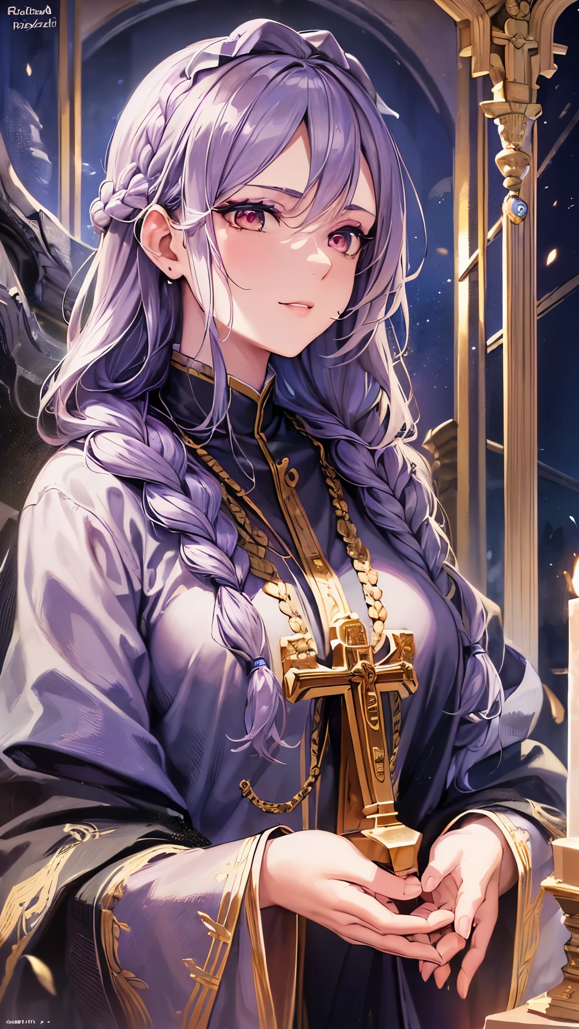 ((highest quality)),(ultra high resolution),(Super detailed),(detailed description),((best CG)),(best work of art),super precision art,great drawing art,(Fantasy art with precise details:1.5), (Female priest:1.6),(beautiful and well-shaped face:1.5),(natural makeup:1.5),soft smile,(A detailed and detailed robe:1.5),Intricate and detailed embroidery:1.5,rosary:1.4,A benevolent smile:1.4,(Shiny braided hair:1.5), (A solemn altar:1.6)