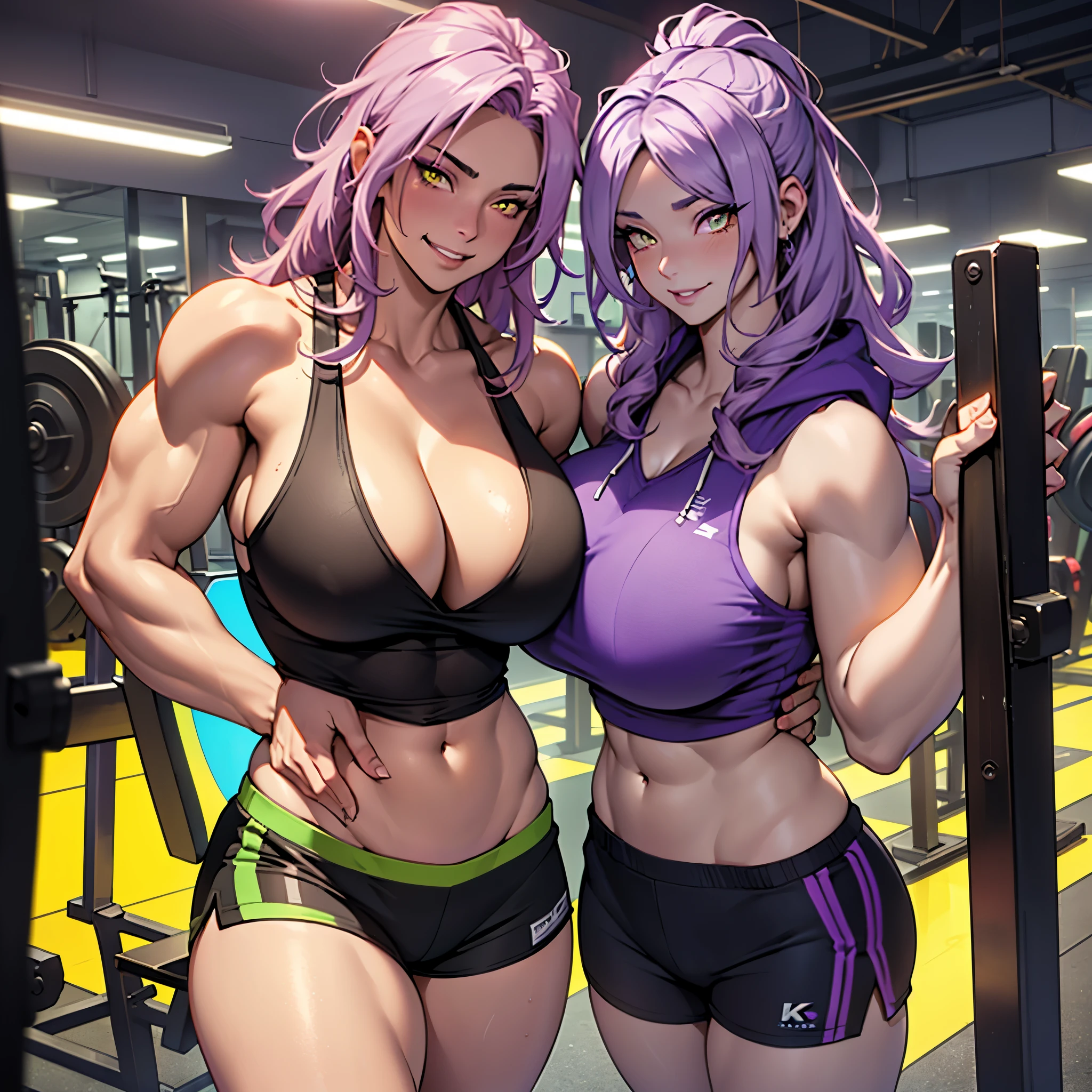 Perfect CG unity 8K UHD wallpaper( latina girl huge gigantic breasts cleavage showing bodybuilder muscular toned body, pale skin, long purple colored hair, vibrant glowing yellow eyes, long detailed eyelashes) smiling sexy seductive facial expression, blushing, thick thighs, standing in a dynamic pose, wearing hoodie tank top and shorts, in a fitness gym, perfect masterpiece, best quality, best resolution