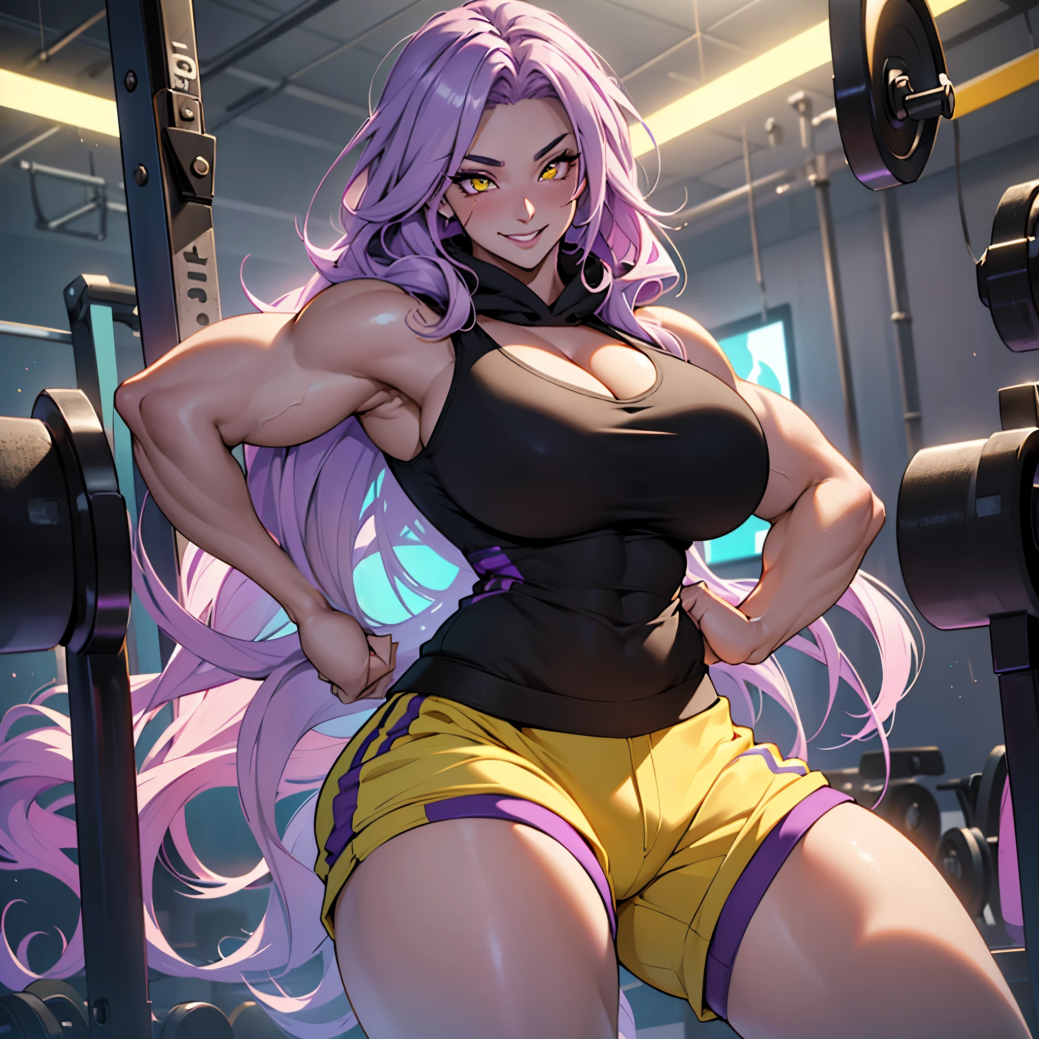 Perfect CG unity 8K UHD wallpaper( latina girl huge gigantic breasts cleavage showing bodybuilder muscular toned body, pale skin, long purple colored hair, vibrant glowing yellow eyes, long detailed eyelashes) smiling sexy seductive facial expression, blushing, thick thighs, standing in a dynamic pose, wearing hoodie tank top and shorts, in a fitness gym, perfect masterpiece, best quality, best resolution