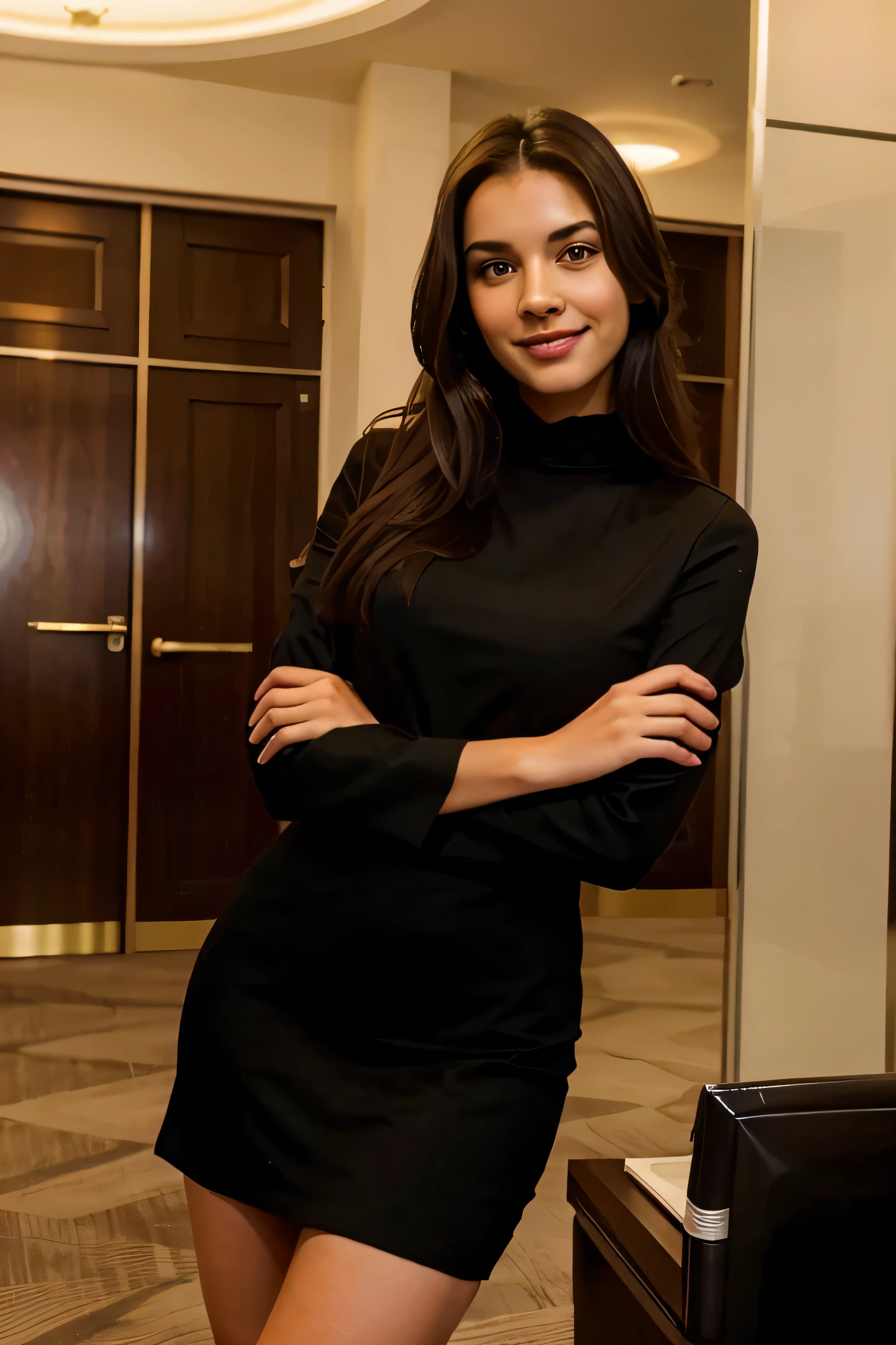 Beautiful brunette in a black dress stands in front of the administration desk of a luxury hotel.., leaning on her, smiles mysteriously, light room