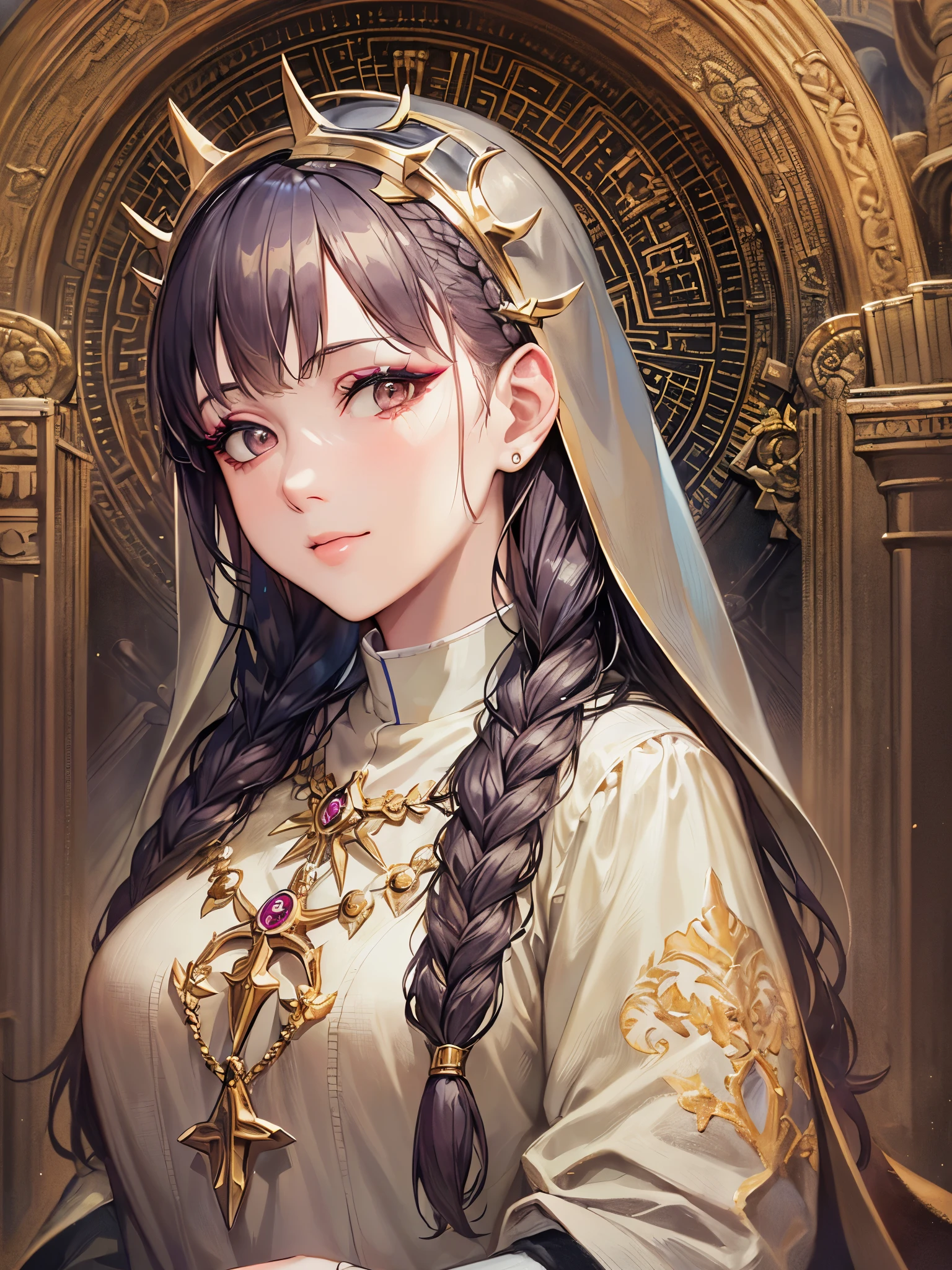 ((highest quality)),(ultra high resolution),(Super detailed),(detailed description),((best CG)),(best work of art),super precision art,great drawing art,(Fantasy art with precise details:1.5), (Female priest:1.6),(beautiful and well-shaped face:1.5),(natural makeup:1.5),soft smile,(A detailed and detailed robe:1.5),Intricate and detailed embroidery:1.5,rosary:1.4,A benevolent smile:1.4,(Shiny braided hair:1.5), (A solemn altar:1.6)