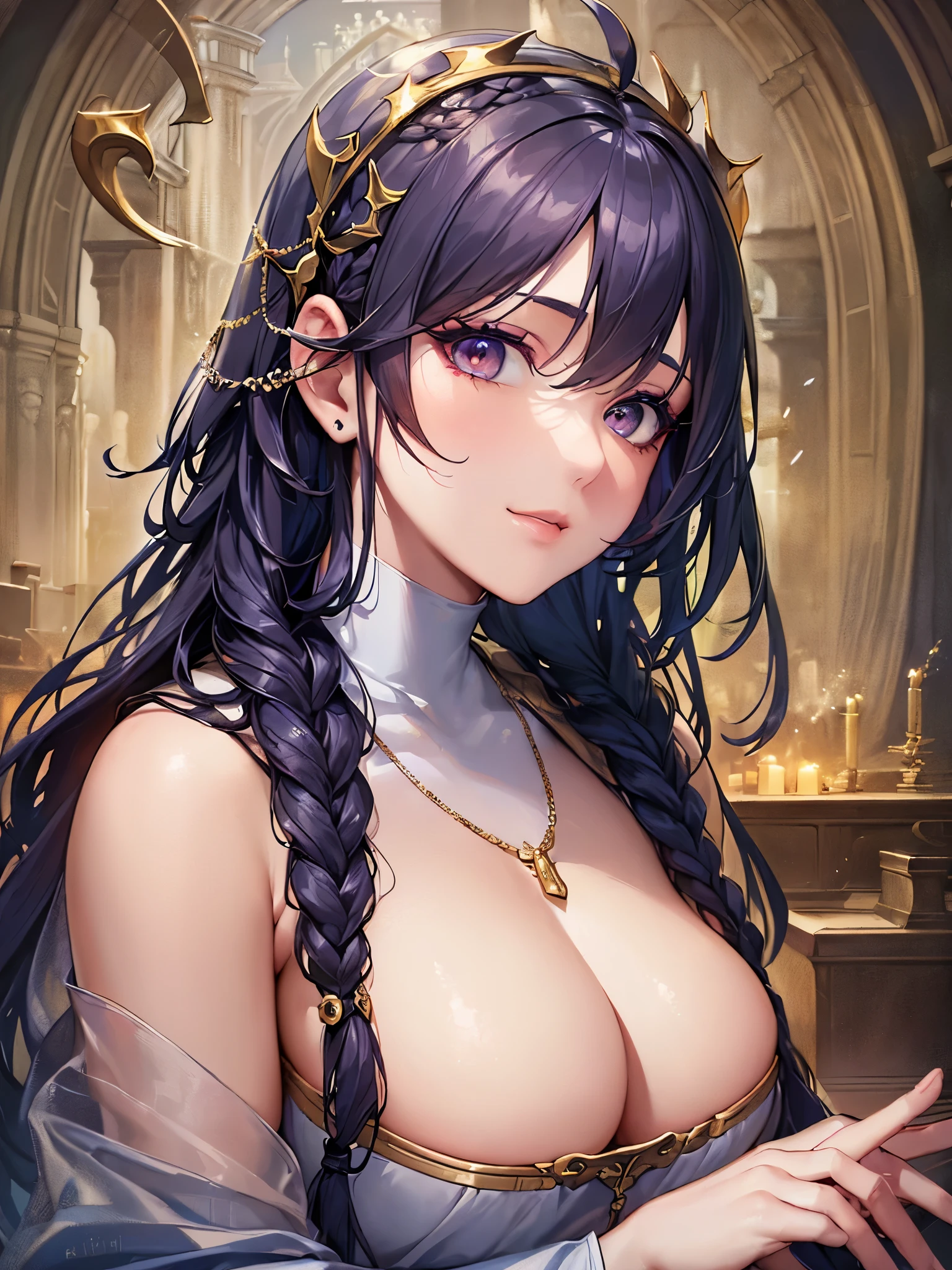 ((highest quality)),(ultra high resolution),(Super detailed),(detailed description),((best CG)),(best work of art),super precision art,great drawing art,(Fantasy art with precise details:1.5), (Female priest:1.6),(beautiful and well-shaped face:1.5),(natural makeup:1.5),soft smile,(A detailed and detailed robe:1.5),Intricate and detailed embroidery:1.5,rosary:1.4,A benevolent smile:1.4,(Shiny braided hair:1.5), (A solemn altar:1.6)