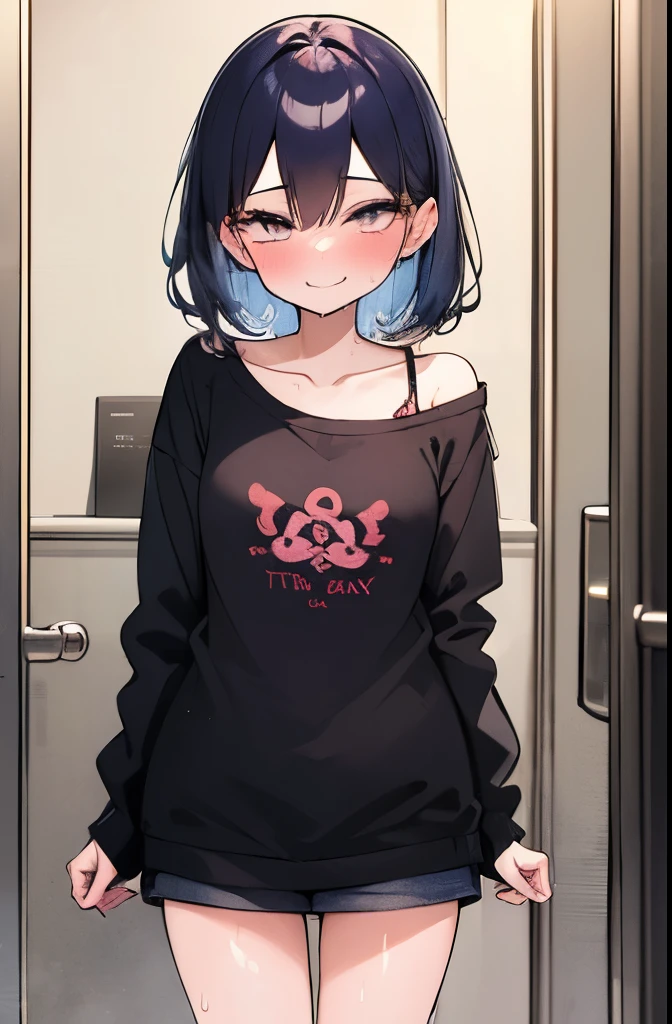 A short girl and black guy, girl wearing a oversized plain pink T-shirt seduces viewer while looking at viewer in the washroom, view from bellow, healthy thighs,
, , (evil smile:1.2), off-shoulder, long sleeve, tan skin, Saucy, blush,
The guy puts his hand on the girl's shoulder,
absurd-resolution, ultra-detailed, best quality, cute illustration, (((sweat,wet,下品)))