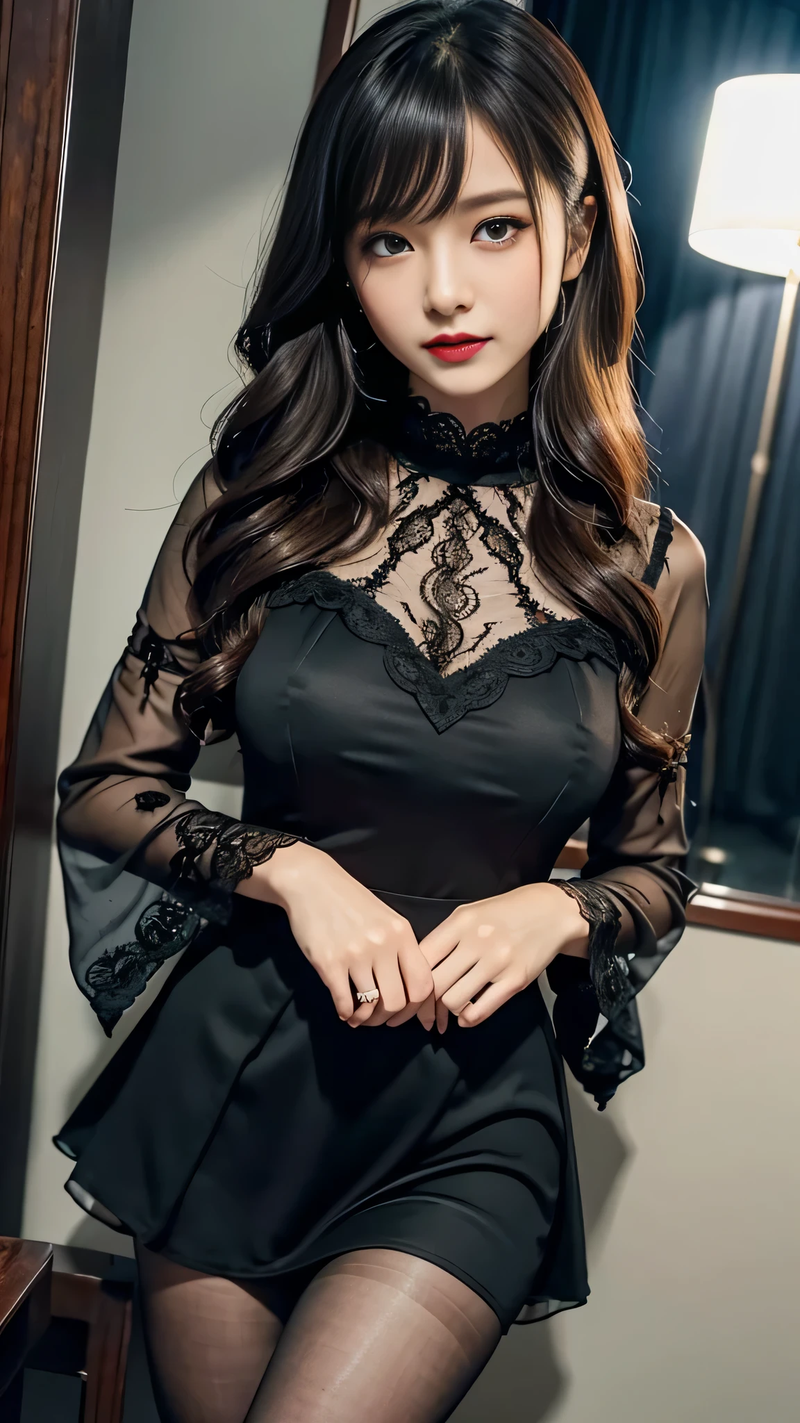 Super detailed、Japanese、charming beauty、seductive adult woman、Dainty woman、sharp eyes、cool girl、wavy hair、suit、Black chiffon、lacy fabric、wide sleeve、wearing a lace insert dress、white blouse、flare skirt、pantyhose、Shiny legs、evilの幹部、evil depravity、brainwashing、Mind control、lipstick、grin、邪evilなな表情、evil、empty eyes、邪evilな、one girl in a dark factory、Are standing