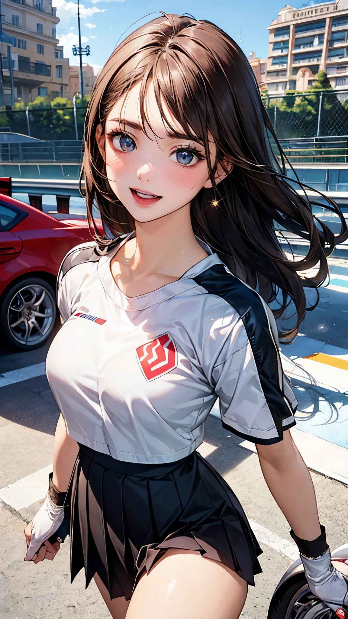(masterpiece:1.2, top-quality), (realistic, photorealistic:1.4), beautiful illustration, (natural side lighting, movie lighting),
looking at viewer, 1 girl, japanese, 18 years old, 18 years old, (idol:1.4), (famous actress :1.4), perfect face, cute and symmetrical face, babyface,
(long hair:1.3, straight hair, brown hair), bangs, blue eyes, light makeup, pink lip, (beautiful big breasts:1.3), (gleaming skin:1.1), shiny skin, long limbs, slim,
hanging breasted:1.3, narrow waist, medium hips, thin legs, slim thigh, sexually suggestive faces, glossy texture, lip stick, v-shaped eyebrows, v-line jaw, small ass,
beautiful hair, beautiful face, beautiful detailed eyes, beautiful clavicle, beautiful body, beautiful chest, beautiful thigh, beautiful legs, beautiful fingers,
(beautiful scenery), morning, ((heavy wind)), flowing hair, blue-sky, (((monte carlo street circuit))), (((racing car))), (((racing bikes))), ((promotion girl:1.3)), ((grid girl:1)),
(detailed promotional costumes are intricately worn:1.10), lace-up boots, short sleeves, cropped tops, ((short jacket:1)), (tube top bra:1), knee high,
(((nylon short sleeve jacket with many logos))), (knee length glitter nylon pleated skirt), ((asymmetrical medium size nylon pleated skirt)),
((promotional wear with logo)), (((red and white glitter promotional wear))), fingerless gloves, navel view style, (sweat drop:1), (dynamic angle), walking, bending forward,
(lovely smile, upper eyes, open mouth),