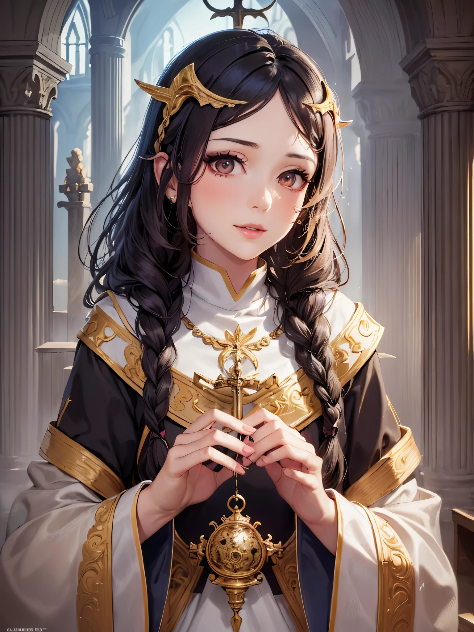 ((highest quality)),(ultra high resolution),(Super detailed),(detailed description),((best CG)),(best work of art),super precision art,great drawing art,(Fantasy art with precise details:1.5), (Female priest:1.6),(beautiful and well-shaped face:1.5),(natural makeup:1.5),soft smile,(A detailed and detailed robe:1.5),Intricate and detailed embroidery:1.5,rosary:1.4,A benevolent smile:1.4,(Shiny braided hair:1.5), (A solemn altar:1.6)