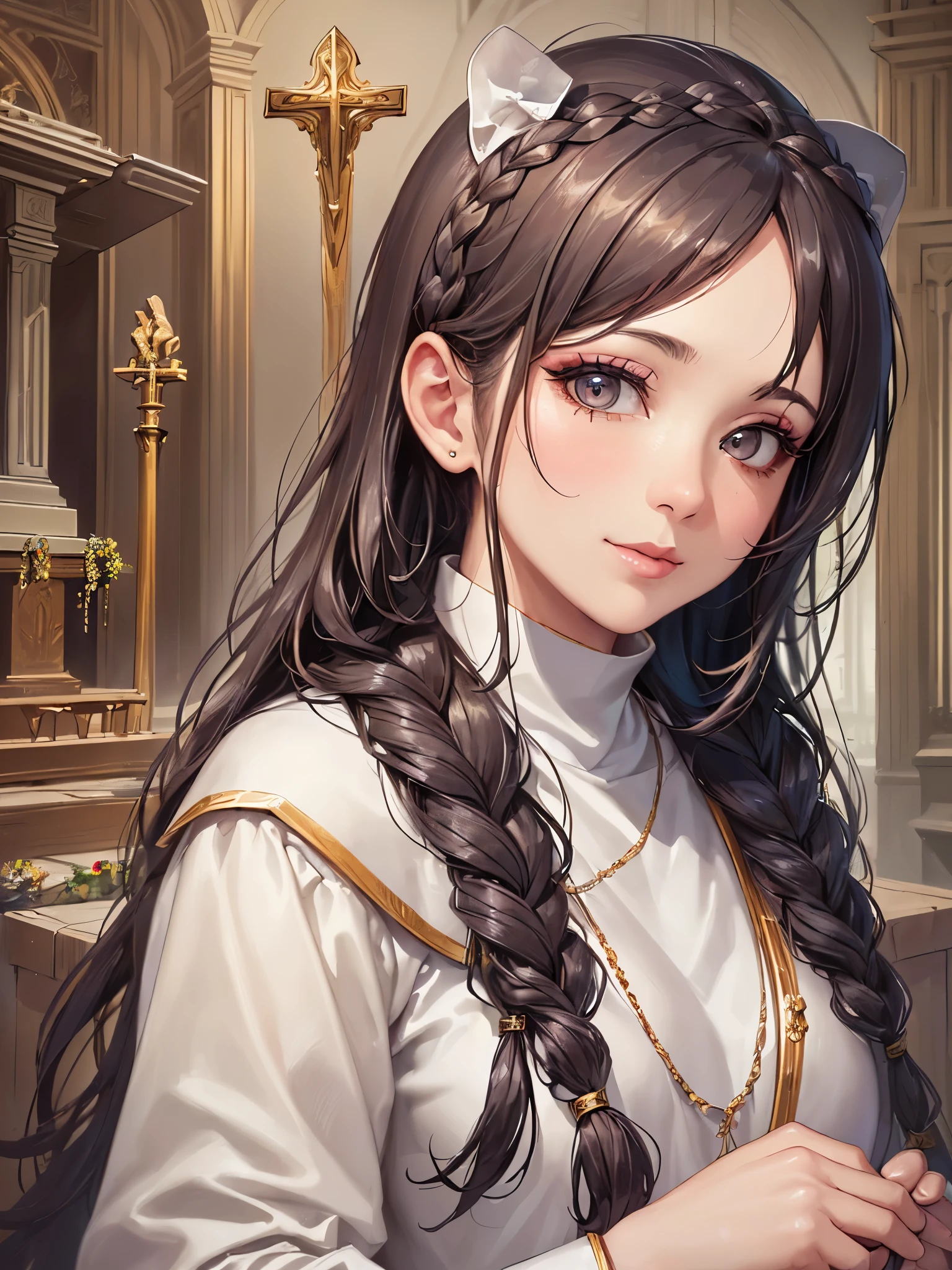 ((highest quality)),(ultra high resolution),(Super detailed),(detailed description),((best CG)),(best work of art),super precision art,great drawing art,(Fantasy art with precise details:1.5), (Female priest:1.6),(beautiful and well-shaped face:1.5),(natural makeup:1.5),soft smile,(A detailed and detailed robe:1.5),Intricate and detailed embroidery:1.5,rosary:1.4,A benevolent smile:1.4,(Shiny braided hair:1.5), (A solemn altar:1.6)