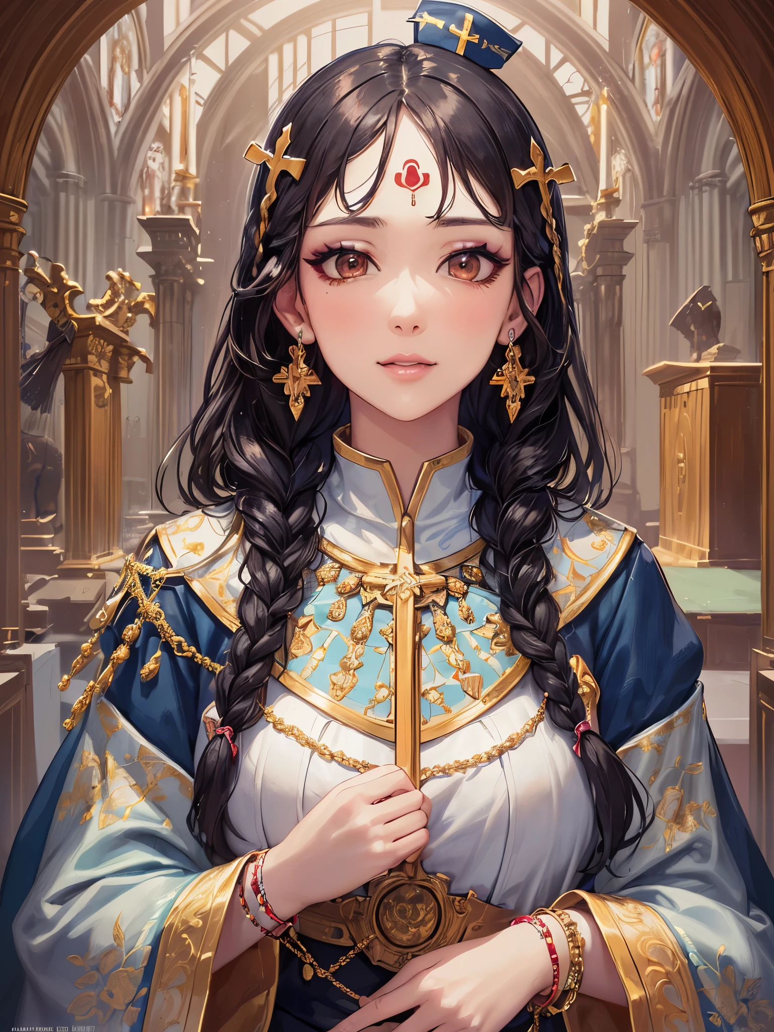 ((highest quality)),(ultra high resolution),(Super detailed),(detailed description),((best CG)),(best work of art),super precision art,great drawing art,(Fantasy art with precise details:1.5), (Female priest:1.6),(beautiful and well-shaped face:1.5),(natural makeup:1.5),soft smile,(A detailed and detailed robe:1.5),Intricate and detailed embroidery:1.5,rosary:1.4,A benevolent smile:1.4,(Shiny braided hair:1.5), (A solemn altar:1.6)