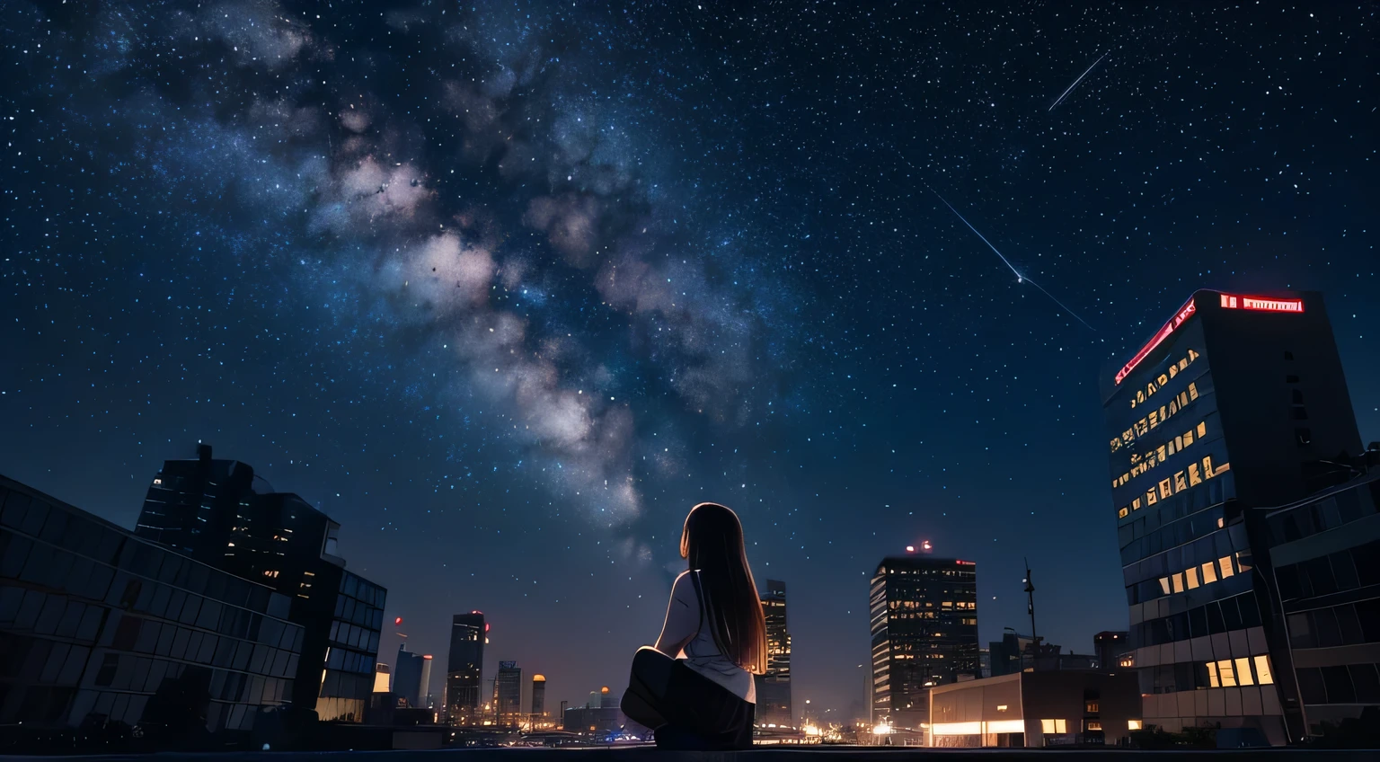 octane number, null, star (null), scenery, starry null, night, 1 girl, night null, alone, outdoor, building, cloud, milky way, sitting, wood, long hair, city, silhouette, cityscape