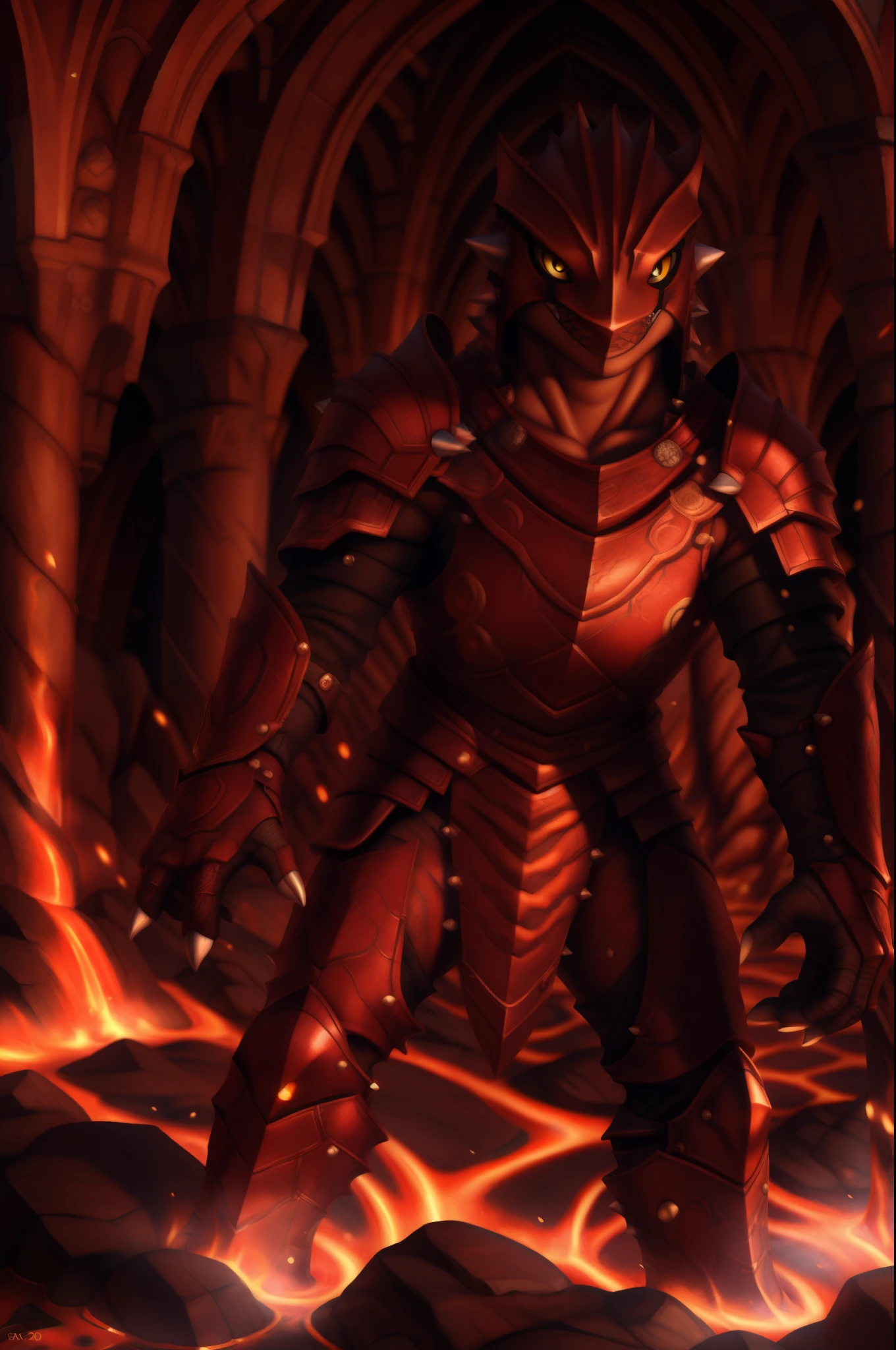 Groudon, pokemon, yellow eyes, (posing:1.3), (soft shading), 4k, hi res, five fingers, detailed hands, ((detailed face, (detailed eyes:1.0), detailed)), by zackarry911, by zaush, (by personalami:0.5), clothed, dark red armor with lava details, solo