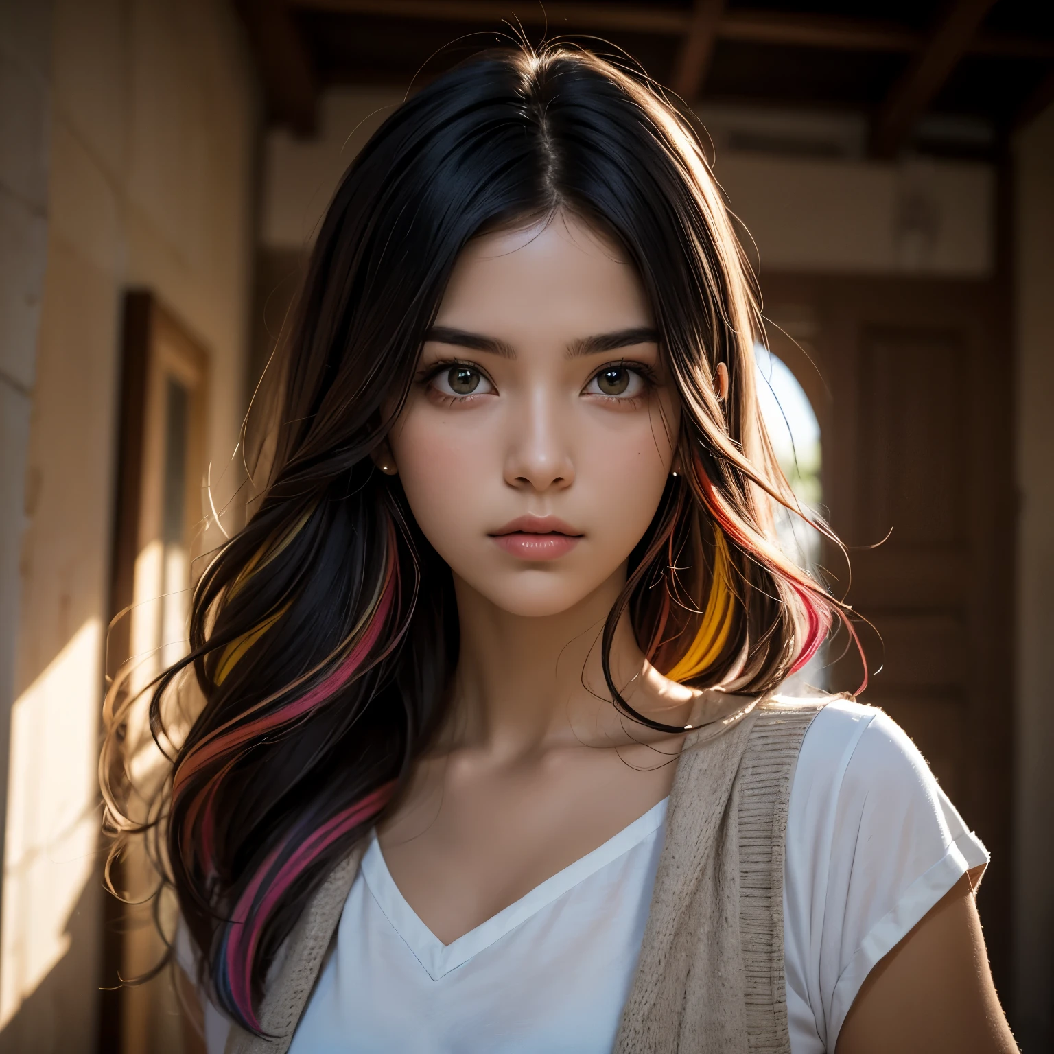(obra-prima: 1.1), (mais alta qualidade: 1.1), (HDR: 1),  com cabelo realmente selvagem, juba, Multicolored hair lighting, (da frente: 0.6),