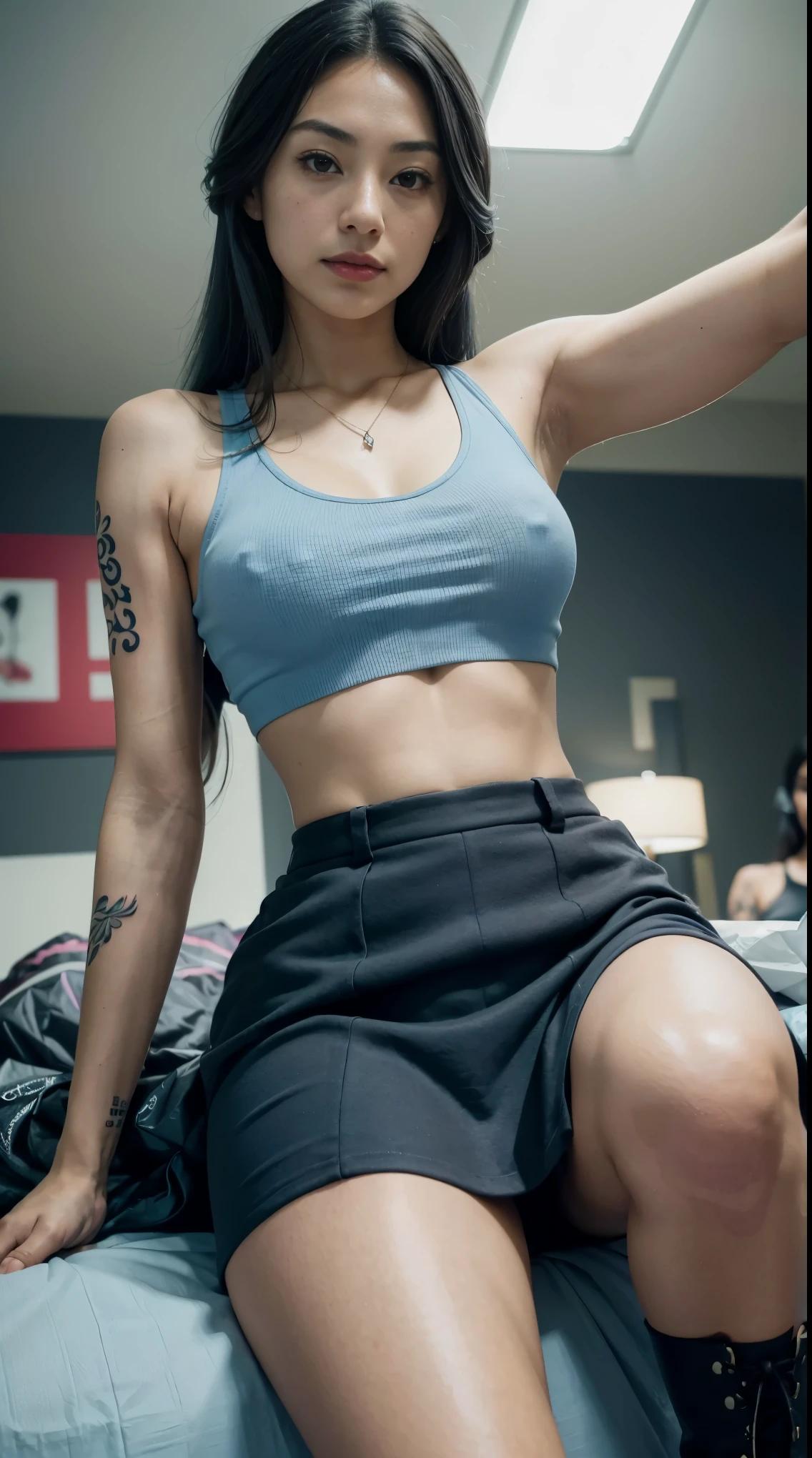 30 years old, gorgeous cute Italian girl, smirk, freckles, polaroid photo, (dark skin:1.4), (medium blue long hair:1.4), (Ayami Nakajo:1.4), Arafed Woman in a light blue tank top and a necklace, in a shopping mall, Sexy girl with light brown eyes, Portrait Sophie Mudd, short brown hair and large eyes, selfie of a young woman, Bedroom eyes, Violet Myers, without makeup, Natural makeup, looking directly into camera, face with artgram, subtle makeup, Stunning full body photo, piercing green eyes, beautiful angle, Attractive pose, Cute, sexy pose, Full body image, full body, full body shoot, Brunette goddess, High detail, Satisfied pose, with gray skirt and boots, skirt, Boots, Gym fit, nice legs and quads, sexy look, famous beautiful model, good young girl, (masterpiece:1.0),(best_quality:1.0), ultra high res,4K,ultra-detailed, photography, 8K, HDR, highres, absurdres:1.2, Kodak portra 400, blurry background, bokeh, lens flare, (vibrant_color:1.2),professional photograph, (the_tattoo:1.4), (beautiful_face:1.5),(narrow_waist). --v 6