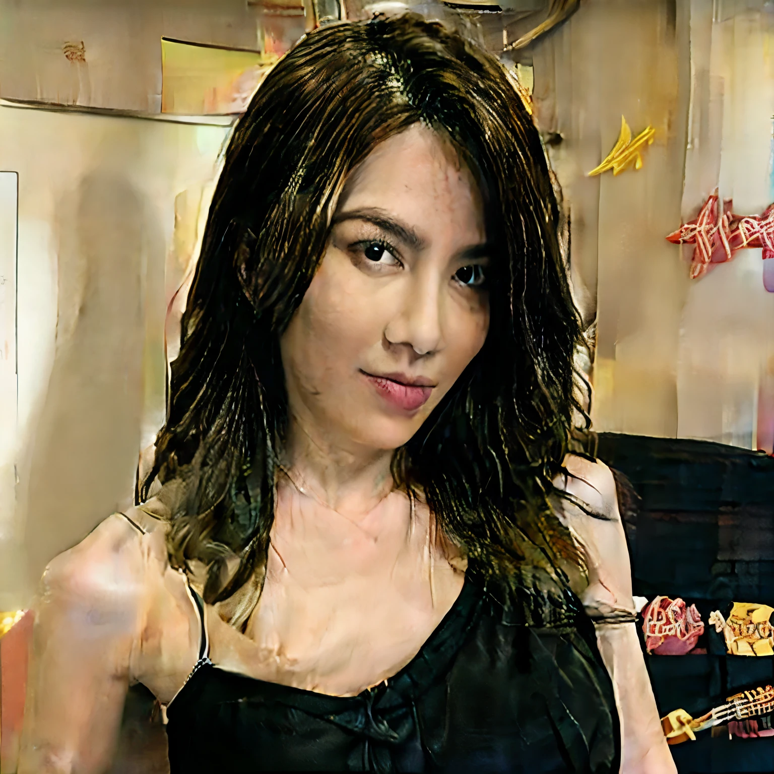 A woman wearing lingerie with cigarette in her hand with comic and colorful background