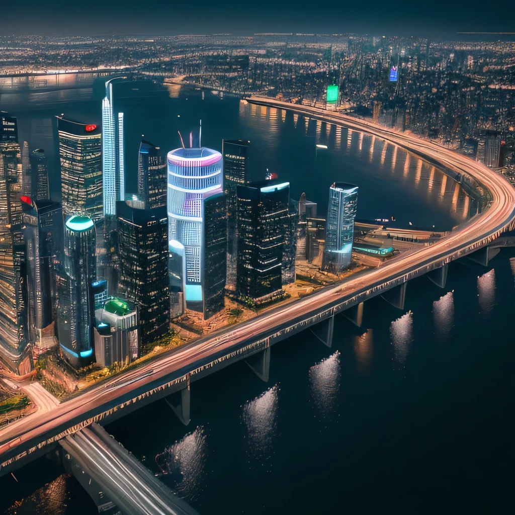 futuristic cityscapes,architecture,landscapes,ultra-detailed,highres,HDR,physically-based rendering,professional,vivid colors,bokeh,concept artists,lots of tall buildings,twisting and curving structures,floating transportation system,massive glass skyscrapers,reflective surfaces,neon lights illuminating the streets,flying cars zooming through the sky,advanced technology integrated into every aspect of the city,unusual and creative architectural designs,artificial intelligence-powered infrastructure,sleek and streamlined designs,elevated walkways and bridges connecting different parts of the city,futuristic green spaces and parks,hovering platforms for leisure and entertainment,impressive aerial city views at night,glowing holograms displaying advertisements and information,a sense of bustling activity and energy,a harmonious blend of nature and technology,unique and innovative city layouts,imposing and grandiose city gates,monumental and futuristic landmarks.