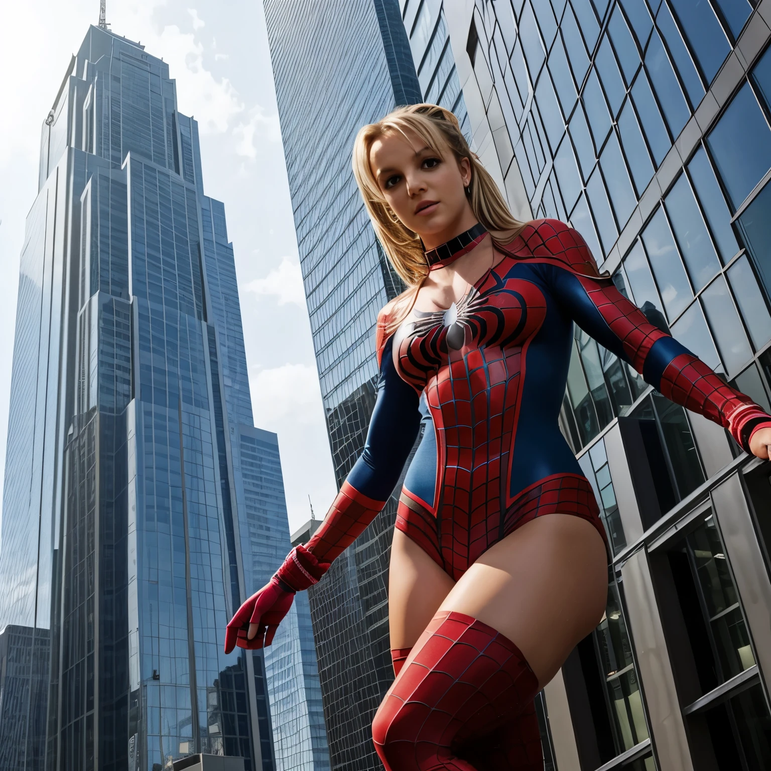 Britney Spears Spiderman outfit posing on a skyscraper outdoors, woman body, girl body,