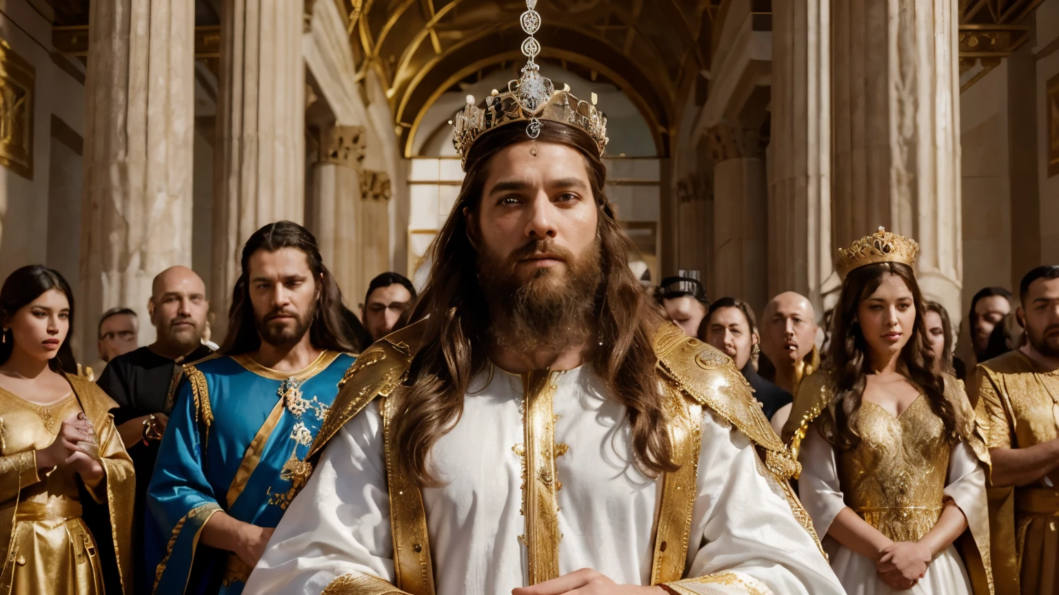 Create an image depicting the reign and coronation where King David places the crown on Solomon against a backdrop of a palace with columns and a crowd celebrating, (best quality, 4k, high resolution, masterpiece: 1.2), Jerusalem , strong men, royal cloak, beard, a golden crown full of shiny stones, thick and flowing hair, noble, background the people of Israel, historical landscape, time before Christ, bright colors, natural elements, white cloak with sparkles and gold, face without deformity.