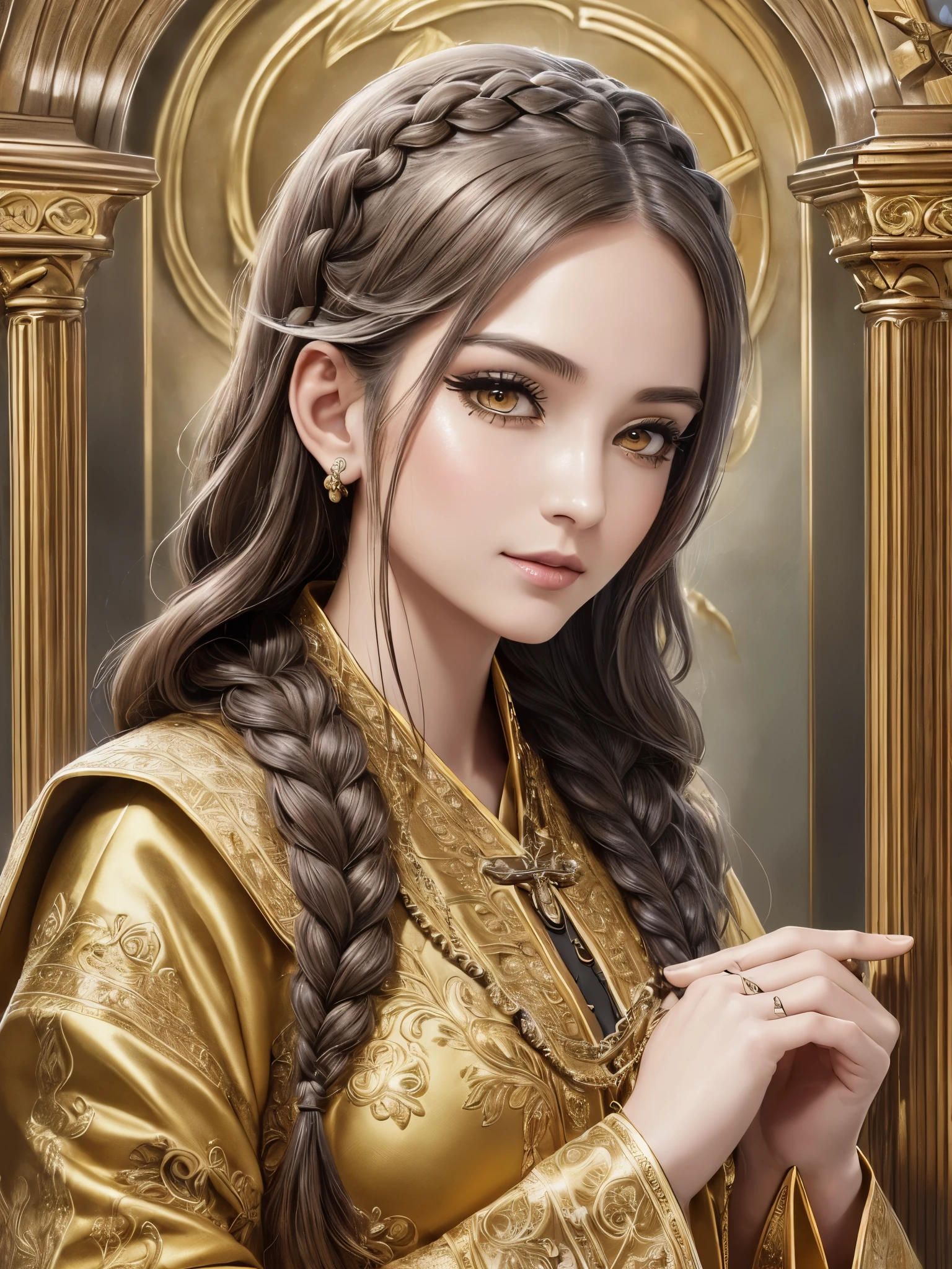 ((highest quality)),(ultra high resolution),(Super detailed),(detailed description),((best CG)),(best work of art),super precision art,great drawing art,(Fantasy art with precise details:1.5), (Female priest:1.6),(beautiful and well-shaped face:1.5),(natural makeup:1.5),soft smile,(A detailed and detailed robe:1.5),Intricate and detailed embroidery:1.5,rosary:1.4,A benevolent smile:1.4,(Shiny braided hair:1.5), (A solemn altar:1.6)