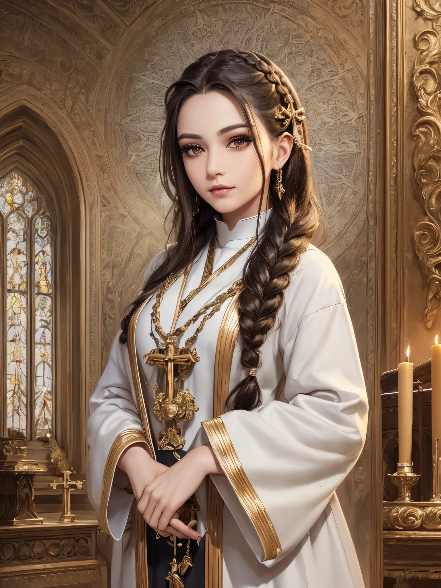 ((highest quality)),(ultra high resolution),(Super detailed),(detailed description),((best CG)),(best work of art),super precision art,great drawing art,(Fantasy art with precise details:1.5), (Female priest:1.6),(beautiful and well-shaped face:1.5),(natural makeup:1.5),soft smile,(A detailed and detailed robe:1.5),Intricate and detailed embroidery:1.5,rosary:1.4,A benevolent smile:1.4,(Shiny braided hair:1.5), (A solemn altar:1.6)