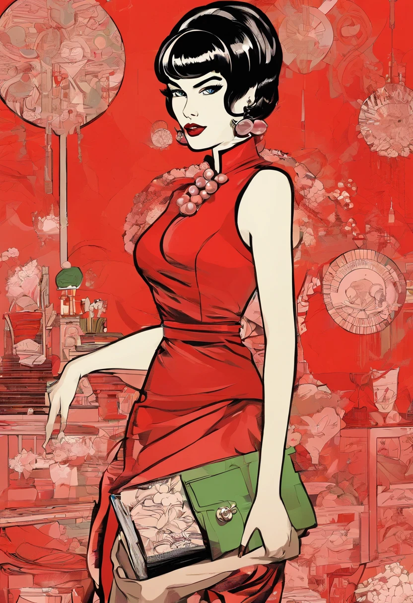 Masterpiece, ultrarealisic, 1950s ambience, beautiful brunette woman, Bettie Page, red lips, dressed in black and gold cheongsam dress, background, opium den, reds and blacks, oriental designs,