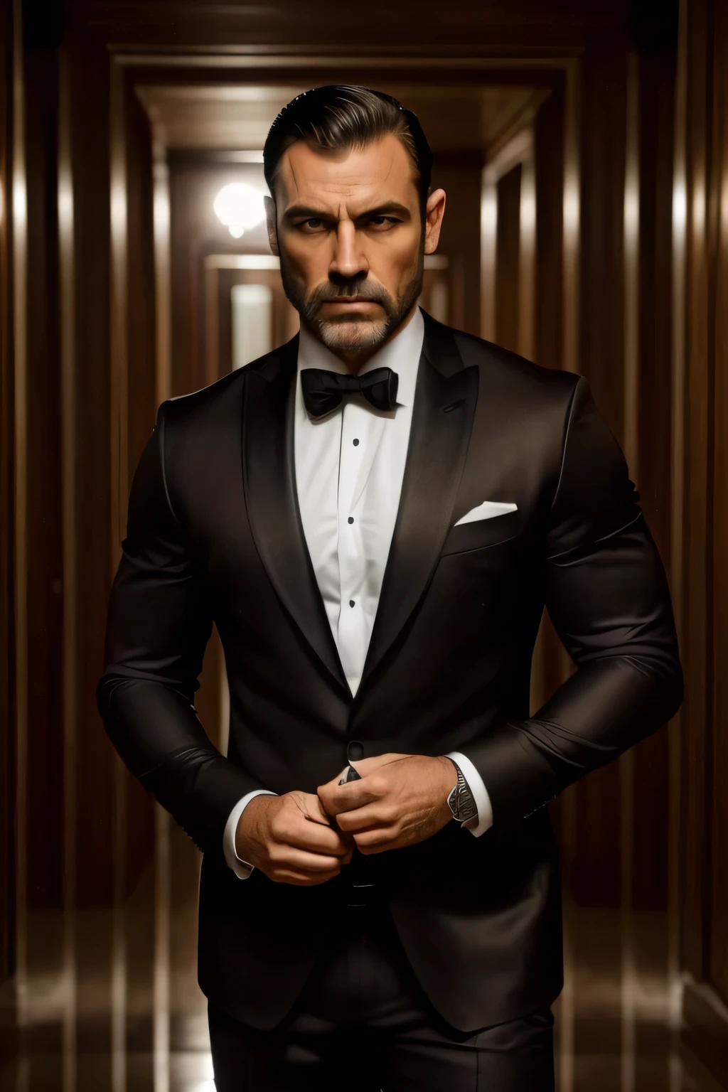 Foto RAW de um homem adulto ((meio corpo)) no filme 007, ((vestindo terno preto, fazendo pose de modelo, (Usando barba escura)) buscando arqueramento misterioso e grave, cena do filme impeccable, corpo bronzeado e cacheado, Serious and elegant man with ((thick masculine eyebrows)), representing the 007 style agent, ((with mysterious and serious face,) cabelo escuro curto e bem ajustado, elegante e bem vestido, Ajuste corporal e forte no terno, ((homem parecido com