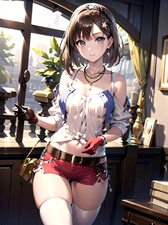 (masterpiece:1.2), best quality, high resolution, unity 8k wallpaper, (illustration:0.8), (beautiful detailed face:1.2, beautiful detailed eyes:1.1), perfect lighting, extremely detailed CG, (perfect hands, perfect anatomy), Reisalin_a, red shorts, white shirt, sleevless, (single glove), hair ornament, sleeveless jacket, midriff, thighhighs, thighhighs under boots, leather belt, collarbone, star necklace, dark brown eyes, brown hair,