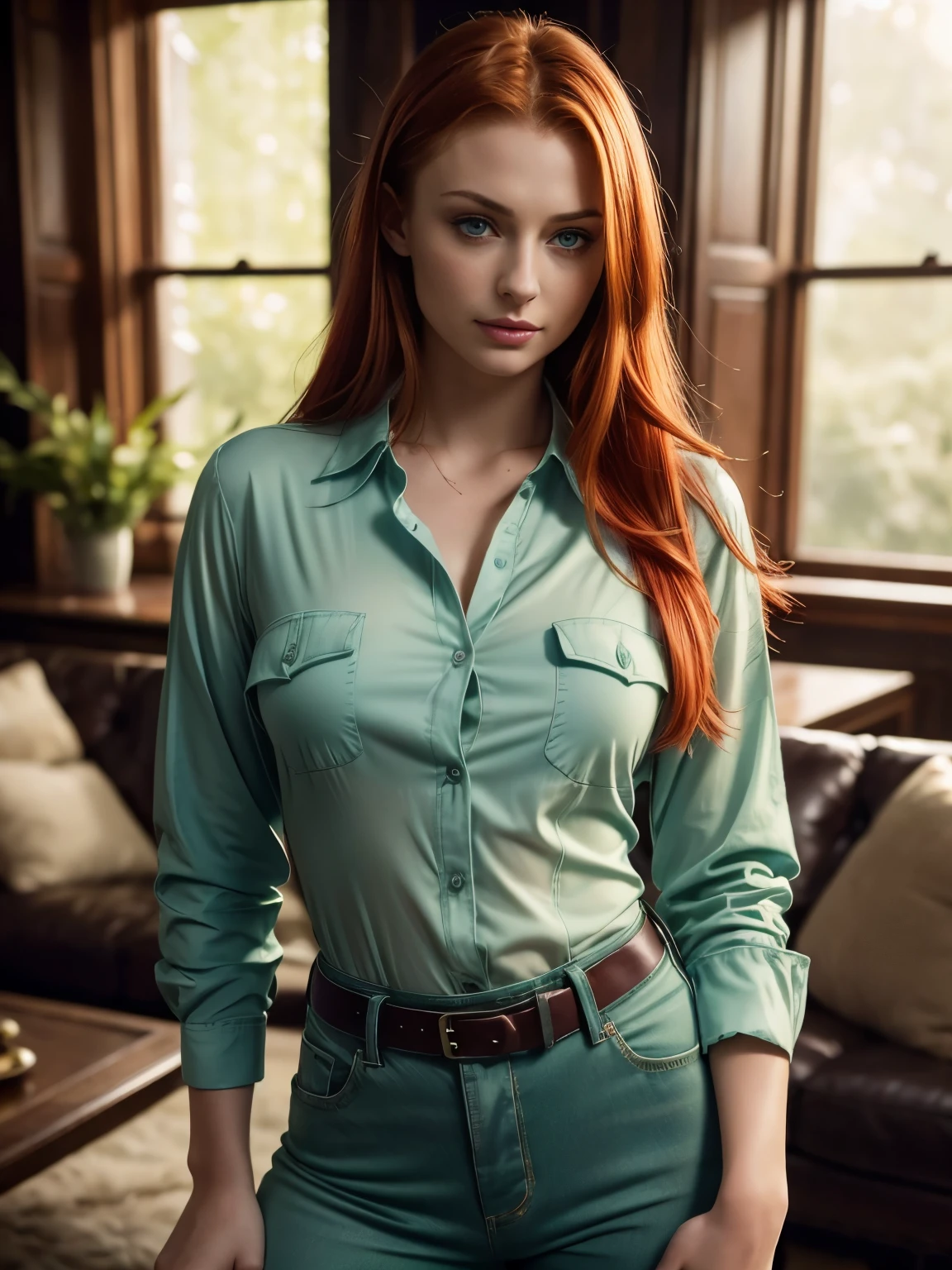 Foto hiperrealista en primer plano de Sophie Turner , masterpiece, best quality, (photorealistic:1.4), full body, (light green luxury long button-up shirt :1.1), living room, cinematic light, beautiful woman, skinny, large breastsr, straight red hair, detailed face, smile, photo taken from a distance
