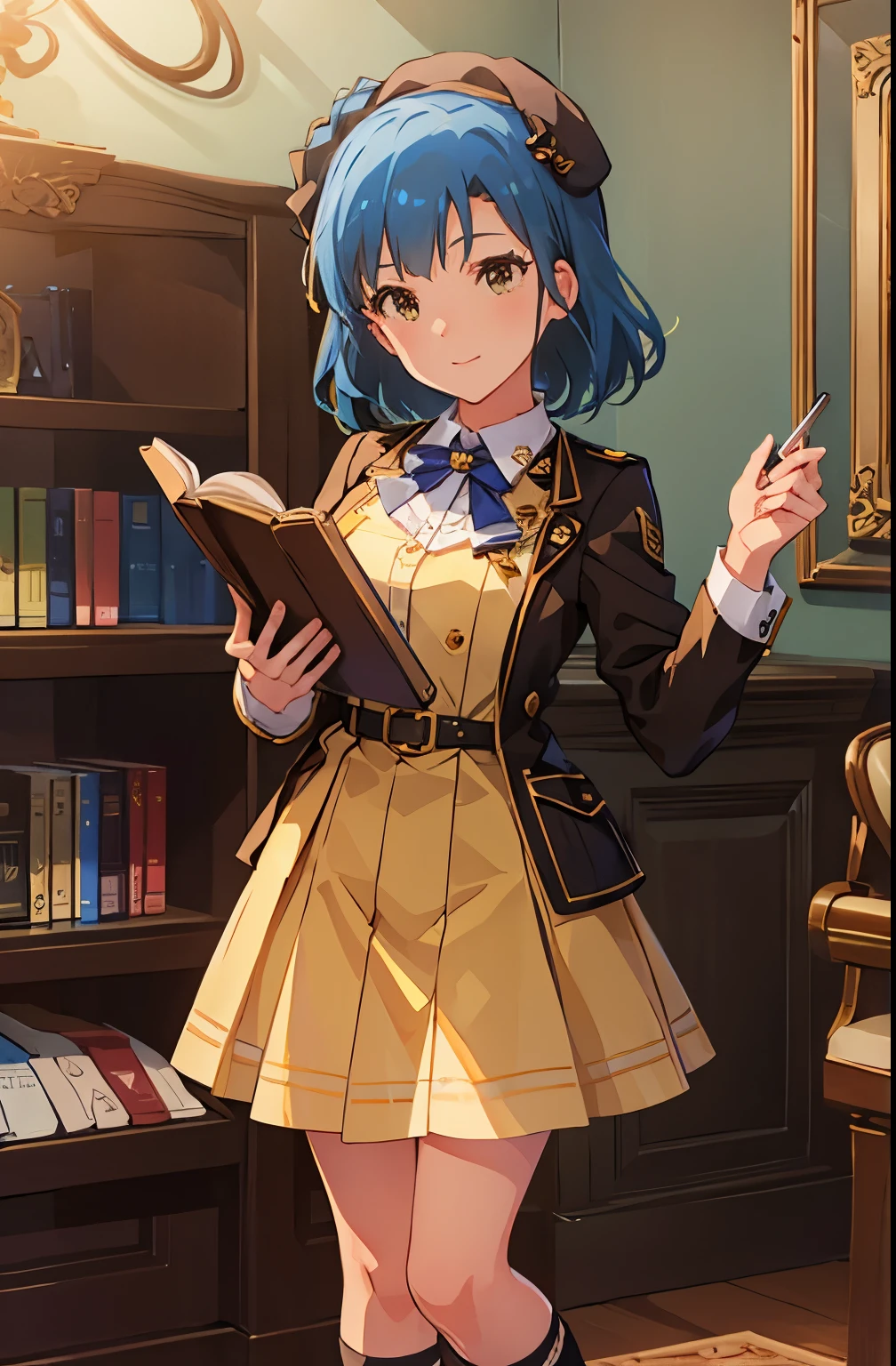 yuriko nanao (million live), 1 girl, Solo, Cute Girl, Best Quality, Ultra-detailed, high resolution, 8K, Detailed face, standing, light smile, holding a book, Bob Hair, brown beret, collared dress, brown dress, white socks, black footwear, mary janes, antique room, dark room, bookshelf, 