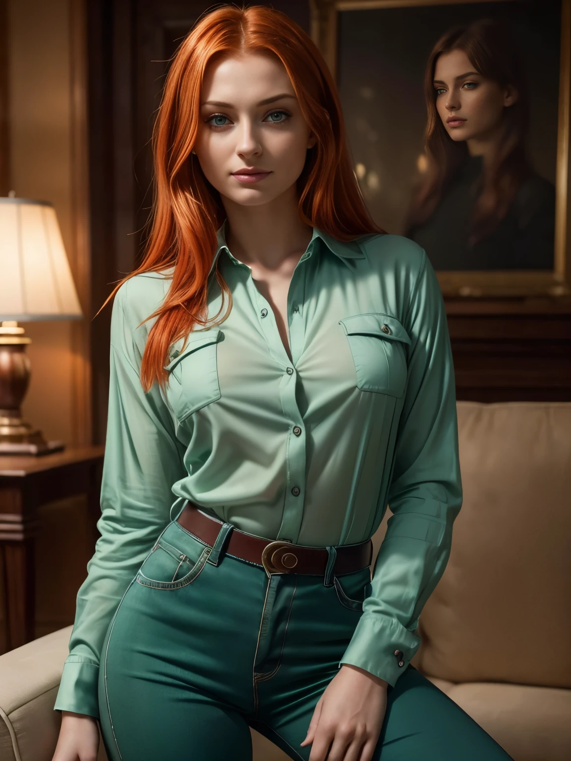 Foto hiperrealista en primer plano de Sophie Turner , masterpiece, best quality, (photorealistic:1.4), full body, (light green luxury long button-up shirt :1.1), living room, cinematic light, beautiful woman, skinny, large breastsr, straight red hair, detailed face, smile, photo taken from a distance