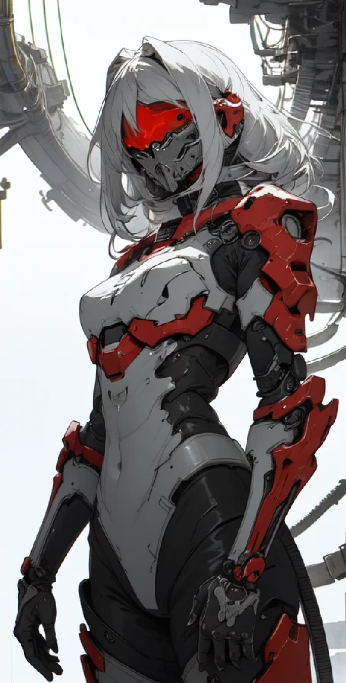 a close up of a female deity with a black and red biomechanical body, black and white void space, mix of magic and science, magic, science, black and red biomechanical details, silver tracing around some armor pieces, great character design, white biomechanical details, red mecha, highly detailed exquisite art, intricate red armor, no face, halo of energy over his head, 