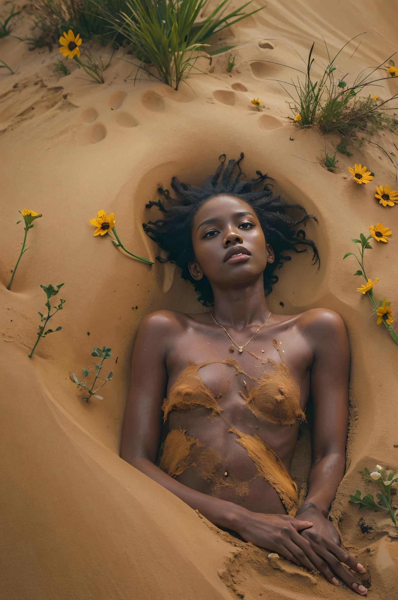 A body of a dead African woman, dark skin, partly fermented body, half hidden in the sand, wild flowers, full of detail and texture. It's awful and beautiful at the same time.