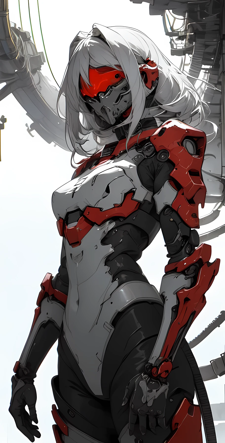 a close up of a female deity with a black and red biomechanical body, black and white void space, mix of magic and science, magic, science, black and red biomechanical details, silver tracing around some armor pieces, great character design, white biomechanical details, red mecha, highly detailed exquisite art, intricate red armor, no face, halo of energy over his head, 