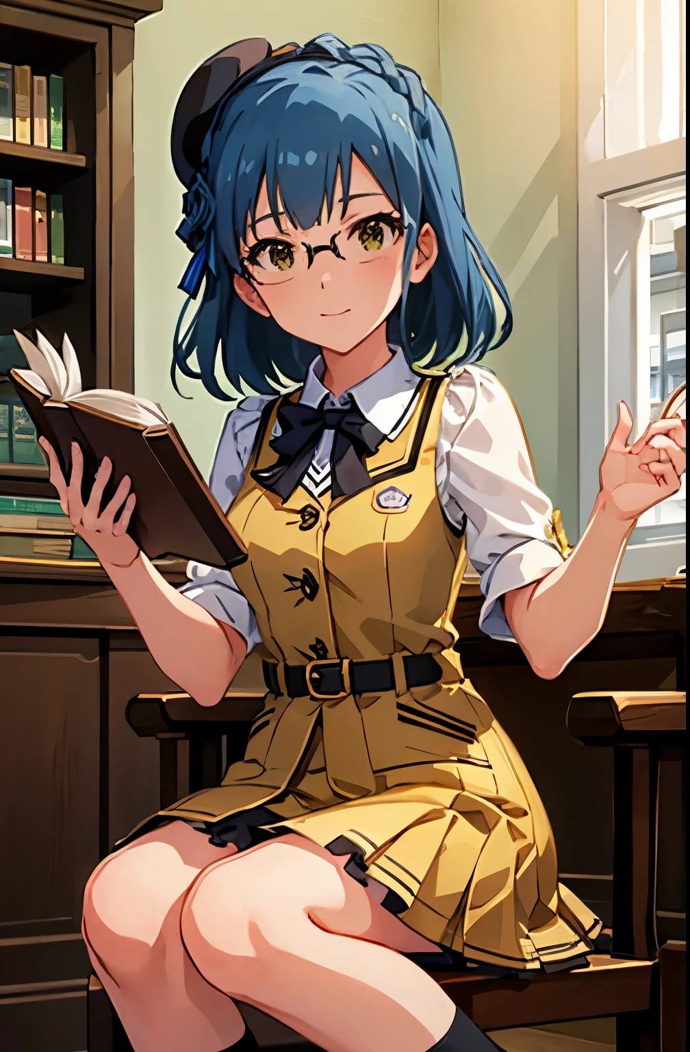 yuriko nanao (million live), 1 girl, Solo, Cute Girl, Best Quality, Ultra-detailed, high resolution, 8K, Detailed face, sitting on the chair, light smile, holding a book, Bob Hair, wearing glasses, brown beret, (collared dress, brown dress), white socks, black footwear, mary janes, antique library, dark room, bookshelf,