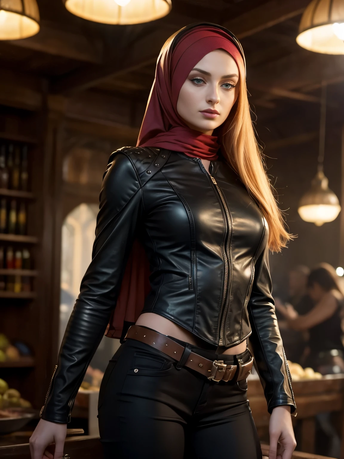 Super Detailed midbody image of Sophie Turner wearing a hijab, fierce look, leather jacket, standing in a turkish marketplace, perfect make-up, looking away from camera, cannon 6d, octane render, striking, expressive look, alluring look, determined look, strong eyeliner, mesmerizing eyes, elegant, graceful, natural beauty, magnetic, charismatic, versatile, photogenic, backlit