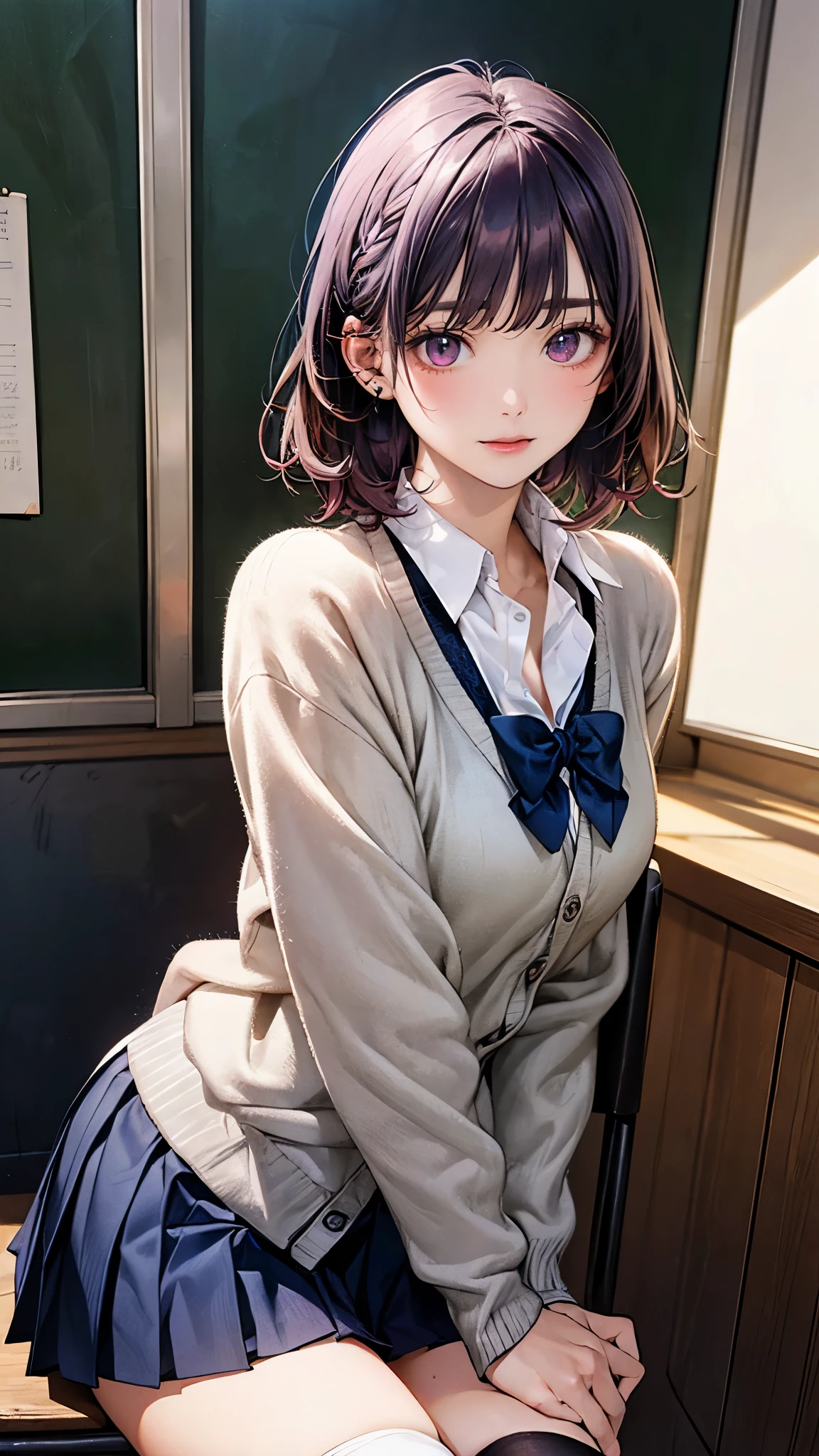 (masterpiece:1.2, top-quality), (realistic, photorealistic:1.4), beautiful illustration, (natural side lighting, movie lighting), 
looking at viewer, fullbody, 1 woman, japanese, 22 years old, high school teacher, perfect face, cute and symmetrical face, shiny skin, babyface, 
(short hair, messy hair, light purple hair), braided bangs, asymmetrical bangs, dark purple eyes, (middle breasts, seductive thighs, big ass), piercings, 
beautiful hair, beautiful face, beautiful detailed eyes, beautiful clavicle, beautiful body, beautiful chest, beautiful thigh, beautiful legs, beautiful fingers, 
((light grey green cardigan, navy blue pleated mini skirt, white collared shirt), black thigh-highs), dark red bow tie, 
(beautiful scenery), evening, 2024 years, crassroom, blackboard, sitting school chair, crossed legs, (doyagao),