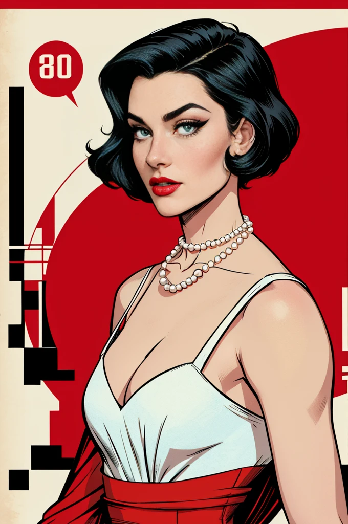 (Masterpiece, Best Quality), 8k Wallpaper, highly detailed, poster, vintage spy film, 1960s, sexy female rental killer, short black hair, (short Hair ) cinematic movie poster, Bauhaus, shapes, lines, abstract, propaganda, mid century modern, movie poster, vintage, Lady Killer by Joelle Jones, vintage clothes, long red dress, (red dress) , 
period dress, flowy dress. Pearl necklace , green eyes, backwards, looking back with chin resting on shoulder, comic, comic style