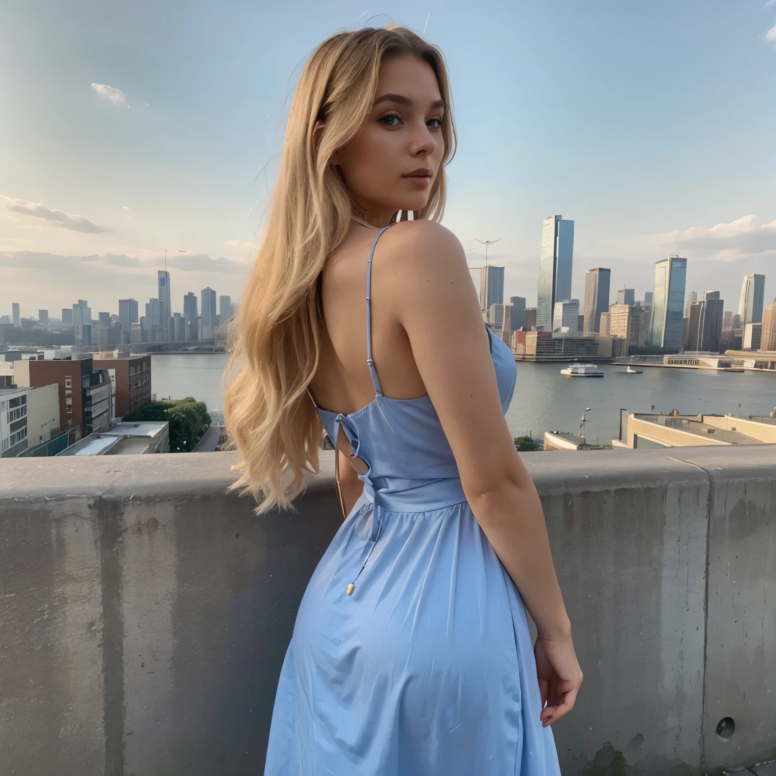 A 24 years old blonde gorgeus woman posing back in dress into a city skyline